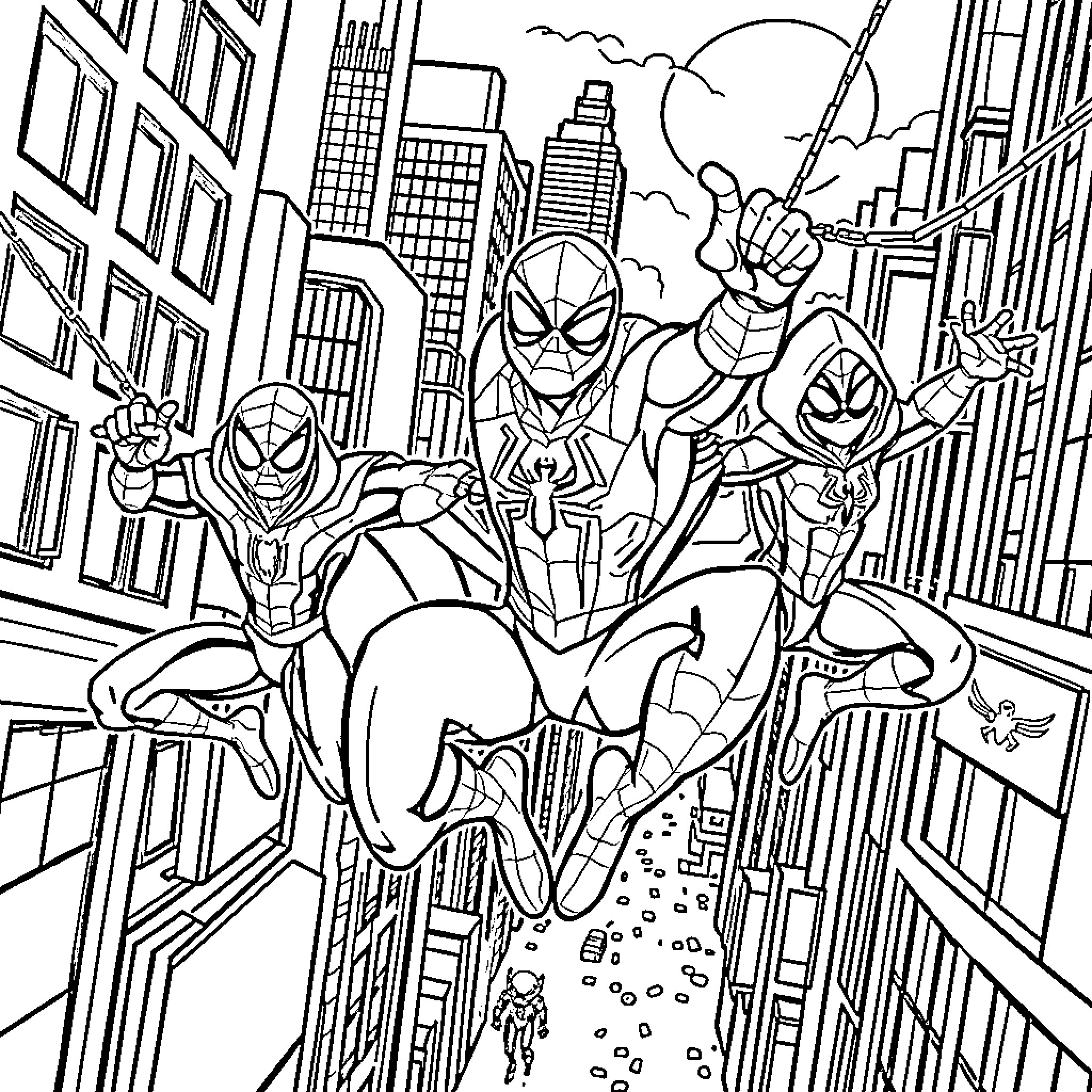 Spidey heroes swinging through the city Coloring Page (free black-and-white line drawing printable PDF for all, from beginners to advanced learners, including children, teens, adults, and seniors)
