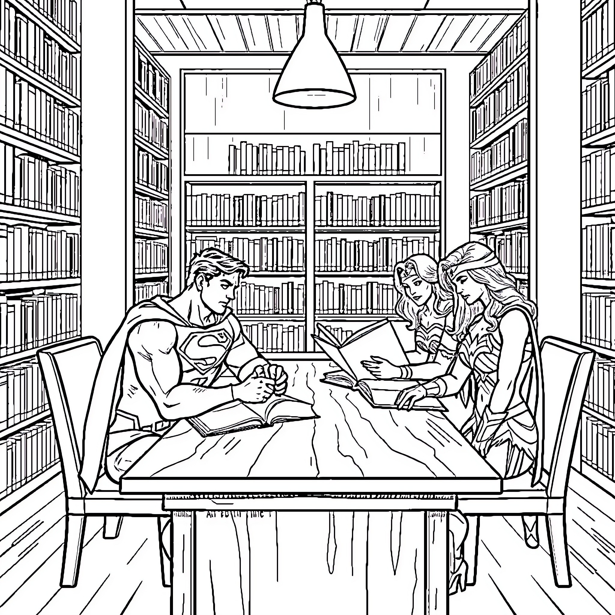 Superhero Students Studying Together in the Library Coloring Page (free black-and-white line drawing printable PDF for all, from beginners to advanced learners, including children, teens, adults, and seniors)