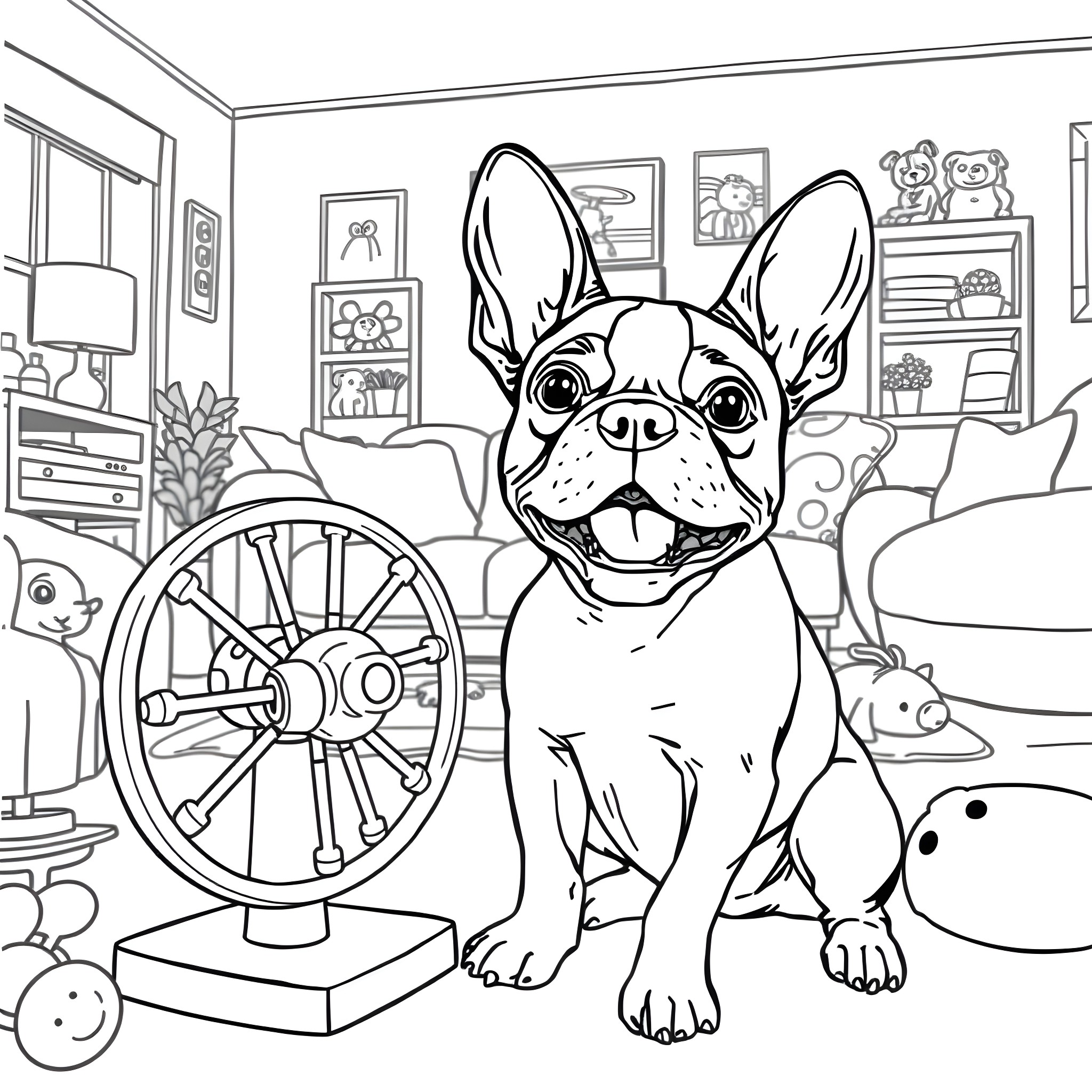 Boston Terrier playing with toy in cozy home Coloring Page (free black-and-white line drawing printable PDF for all, from beginners to advanced learners, including children, teens, adults, and seniors)