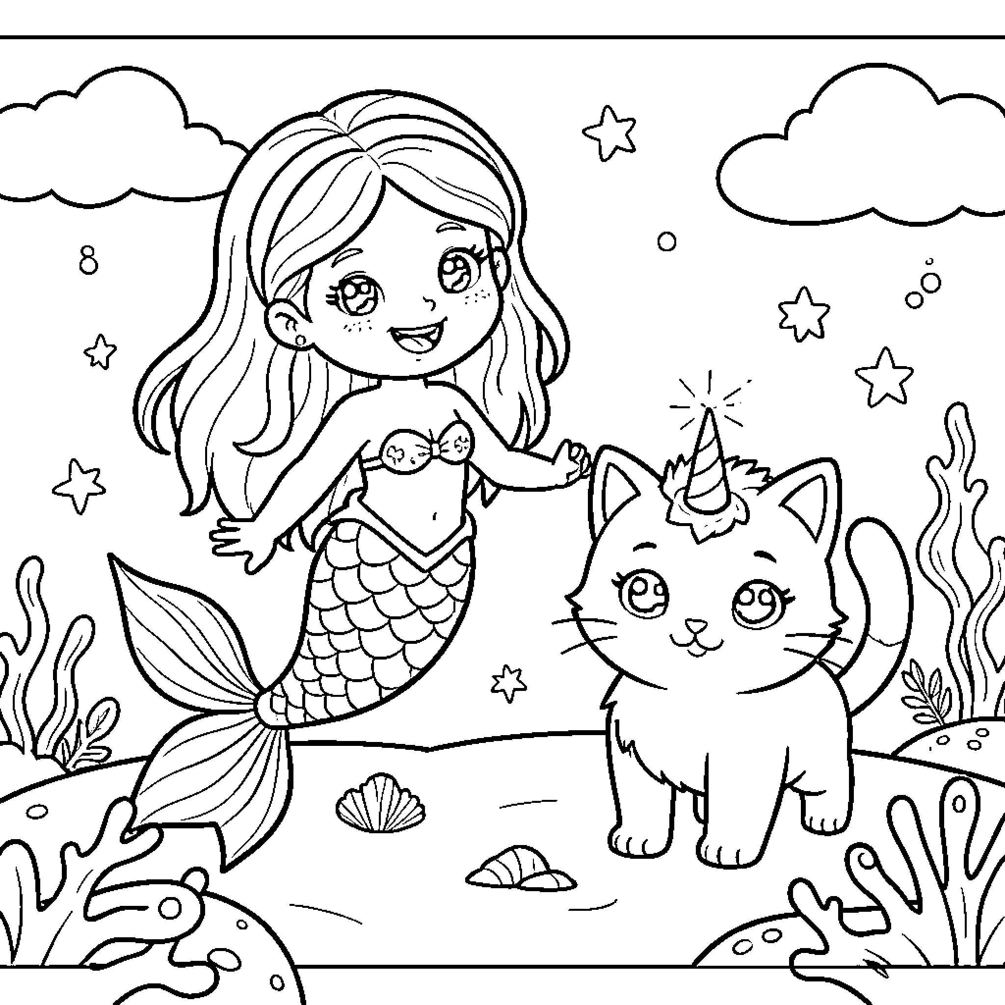 Mermaid and her feline friend in an underwater adventure Coloring Page (free black-and-white line drawing printable PDF for all, from beginners to advanced learners, including children, teens, adults, and seniors)