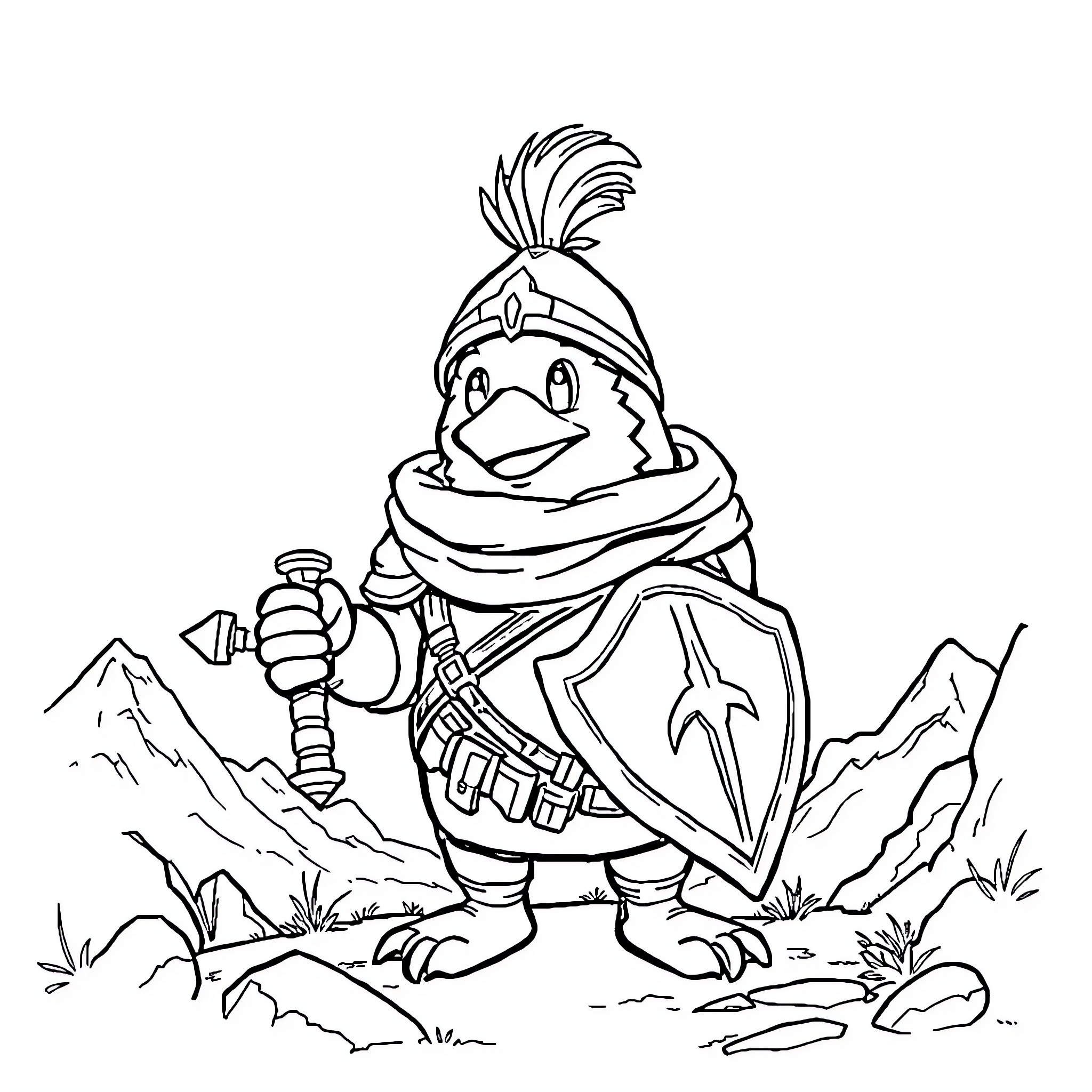 Bob the Brave Knight Duck in the Mountains Coloring Page (free black-and-white line drawing printable PDF for all, from beginners to advanced learners, including children, teens, adults, and seniors)