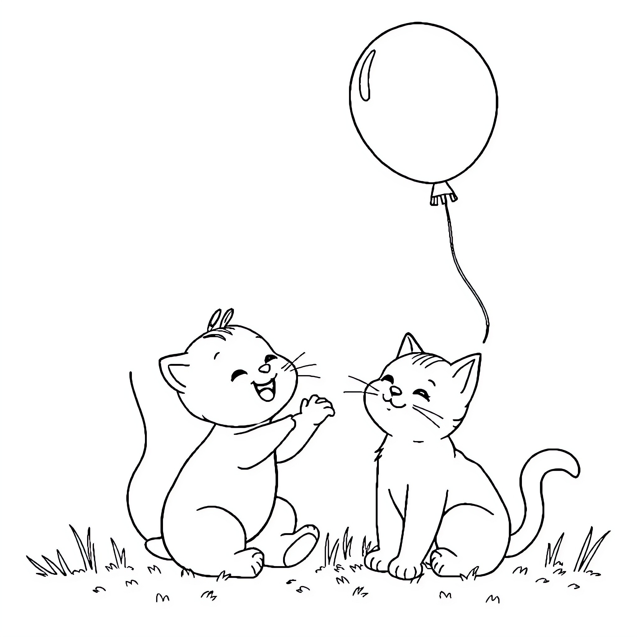 Bebe Cats Chasing Balloon Playfully Coloring Page (free black-and-white line drawing printable PDF for all, from beginners to advanced learners, including children, teens, adults, and seniors)