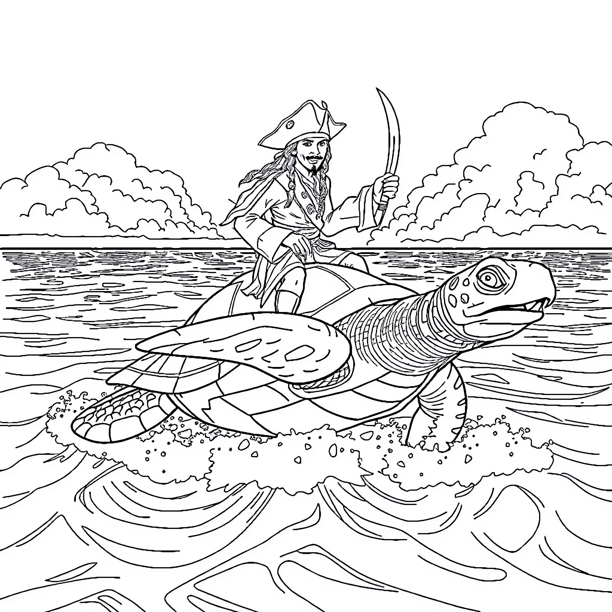 Jack Sparrow Sailing on a Giant Sea Turtle Coloring Page (free black-and-white line drawing printable PDF for all, from beginners to advanced learners, including children, teens, adults, and seniors)