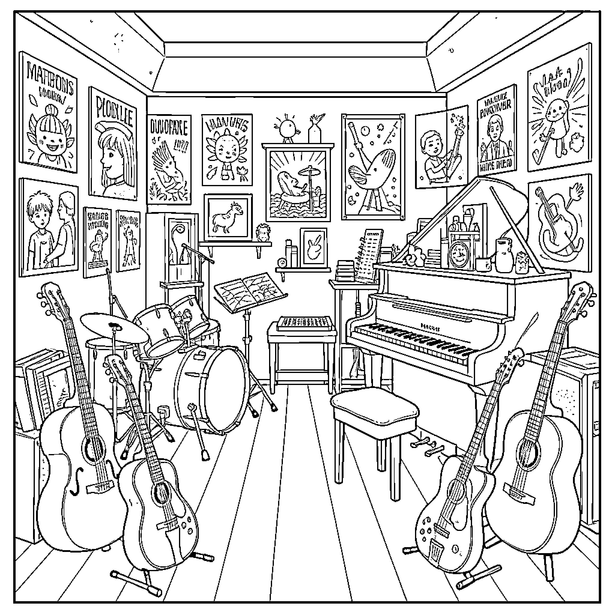 Garden of musical instruments and artwork in a room Coloring Page (free black-and-white line drawing printable PDF for all, from beginners to advanced learners, including children, teens, adults, and seniors)