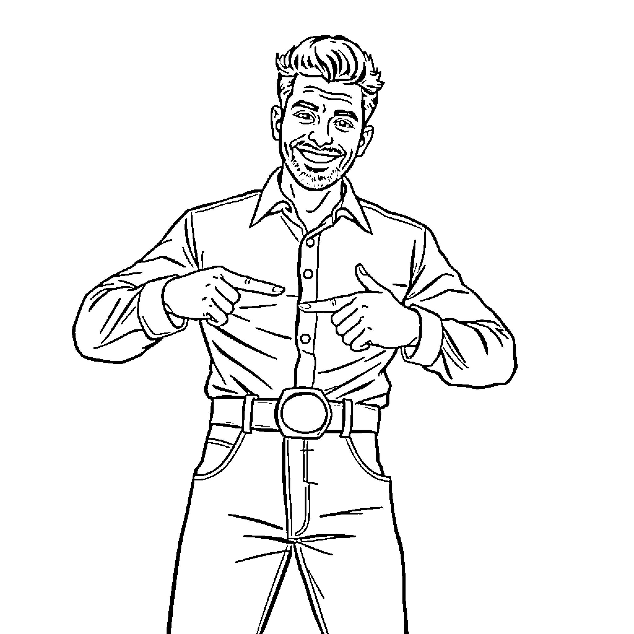 Man smiling and gesturing in casual outfit Coloring Page (free black-and-white line drawing printable PDF for all, from beginners to advanced learners, including children, teens, adults, and seniors)