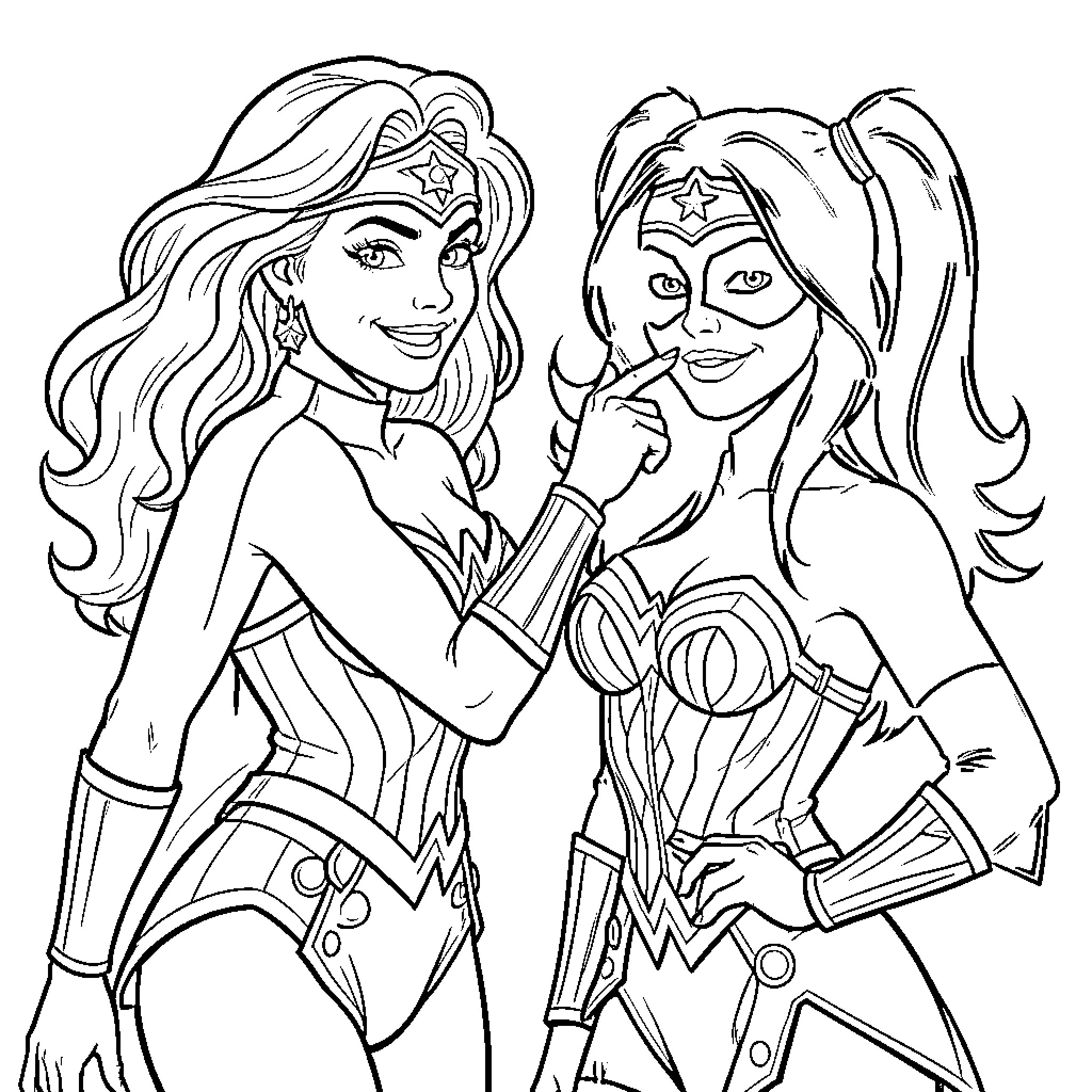 Wonder Woman posing with a fellow superheroine Coloring Page (free black-and-white line drawing printable PDF for all, from beginners to advanced learners, including children, teens, adults, and seniors)