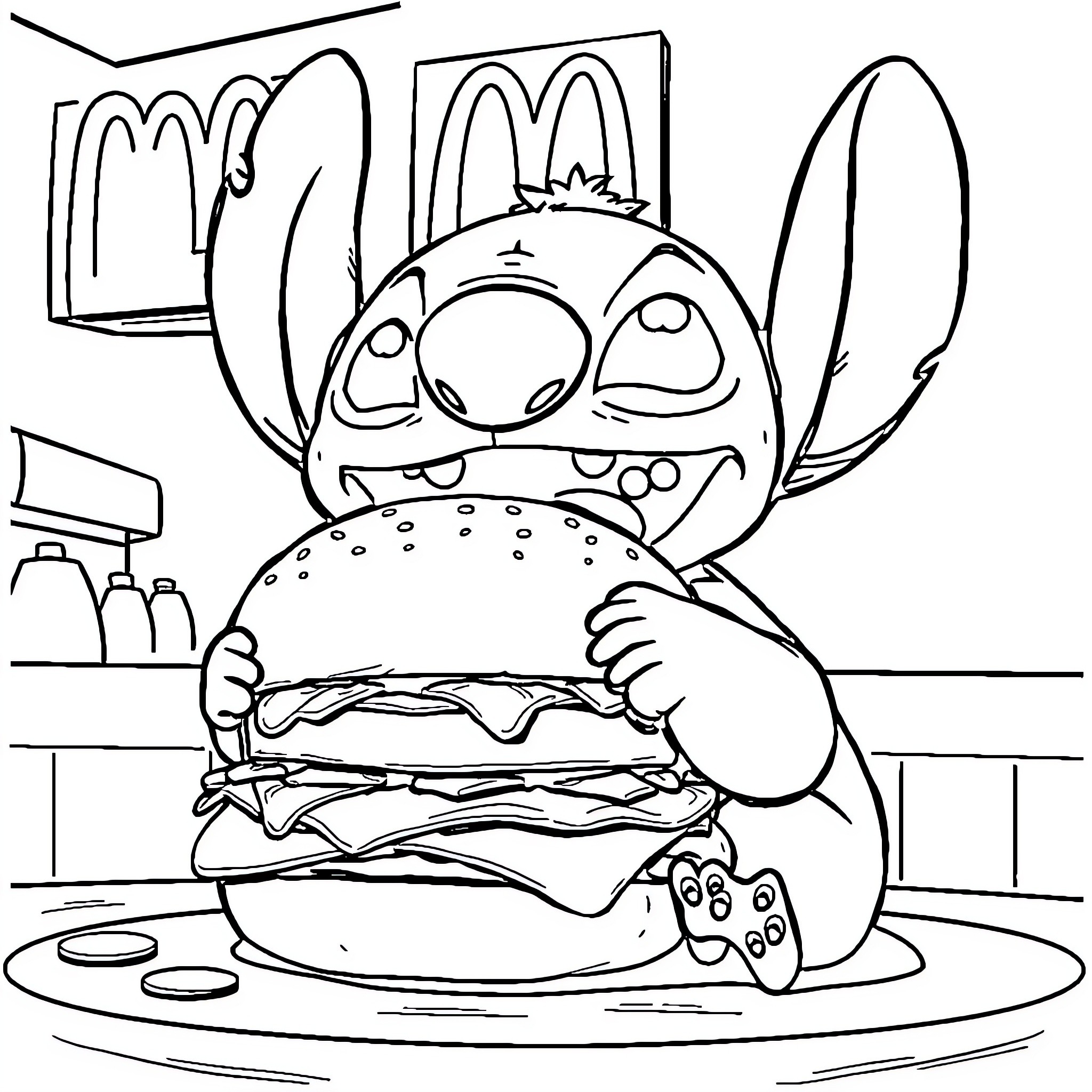 Stitch enjoys a giant burger in a fast food restaurant Coloring Page (free black-and-white line drawing printable PDF for all, from beginners to advanced learners, including children, teens, adults, and seniors)