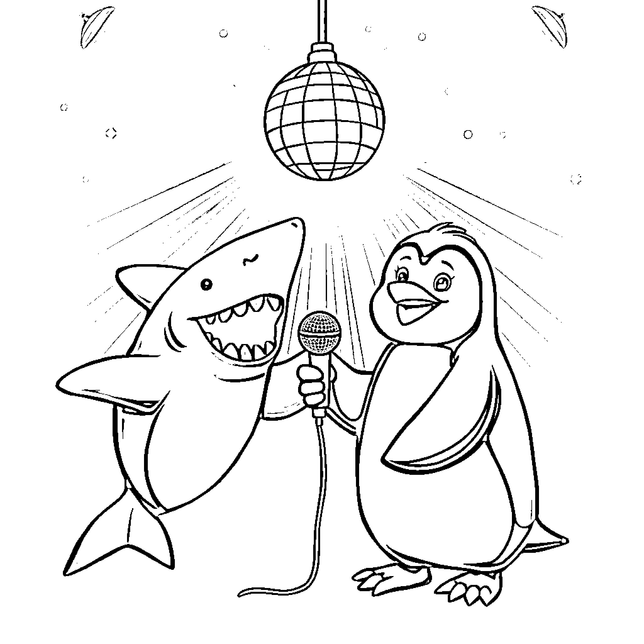 Shark and penguin singing karaoke under disco ball Coloring Page (free black-and-white line drawing printable PDF for all, from beginners to advanced learners, including children, teens, adults, and seniors)