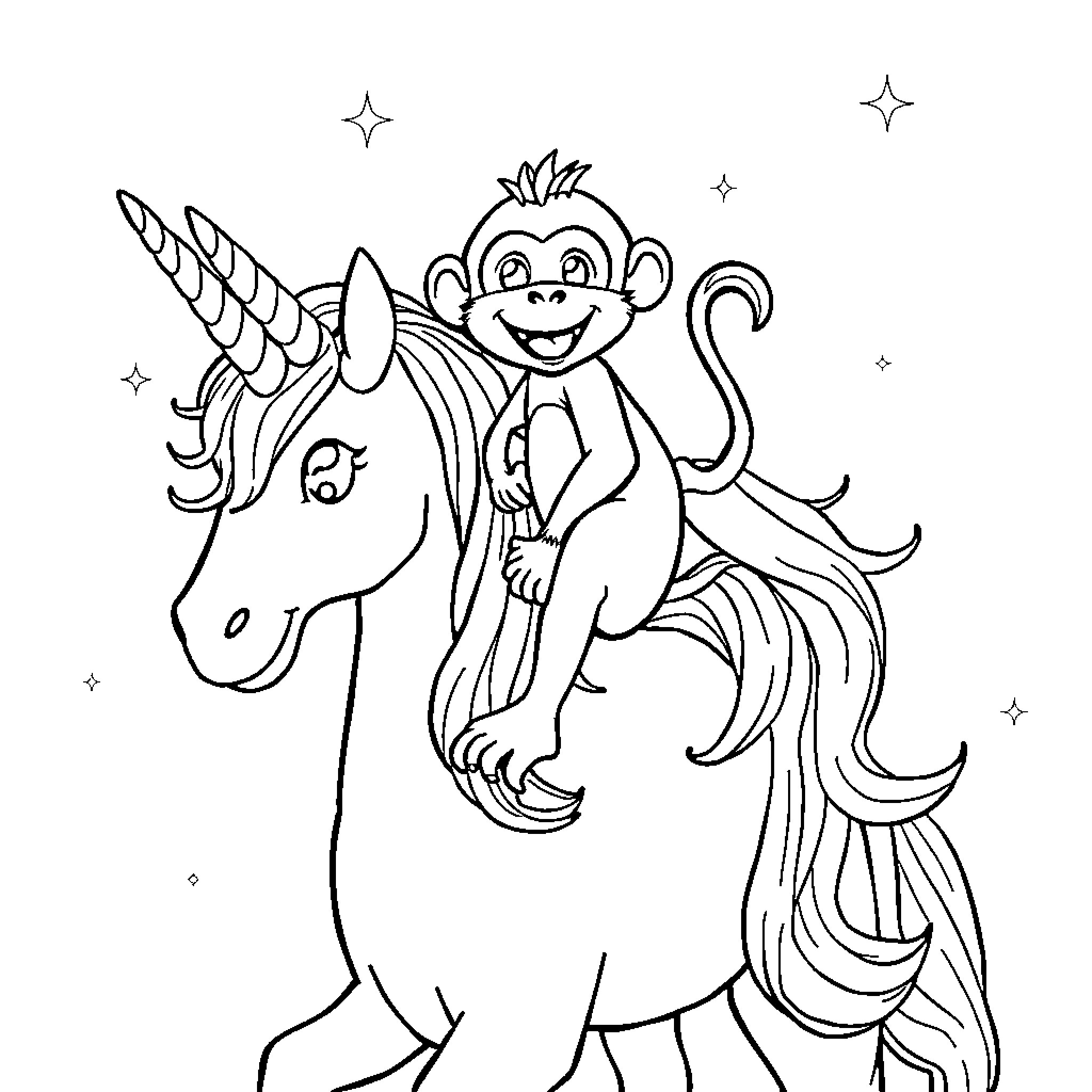 Monkey riding a magical unicorn under the stars Coloring Page (free black-and-white line drawing printable PDF for all, from beginners to advanced learners, including children, teens, adults, and seniors)