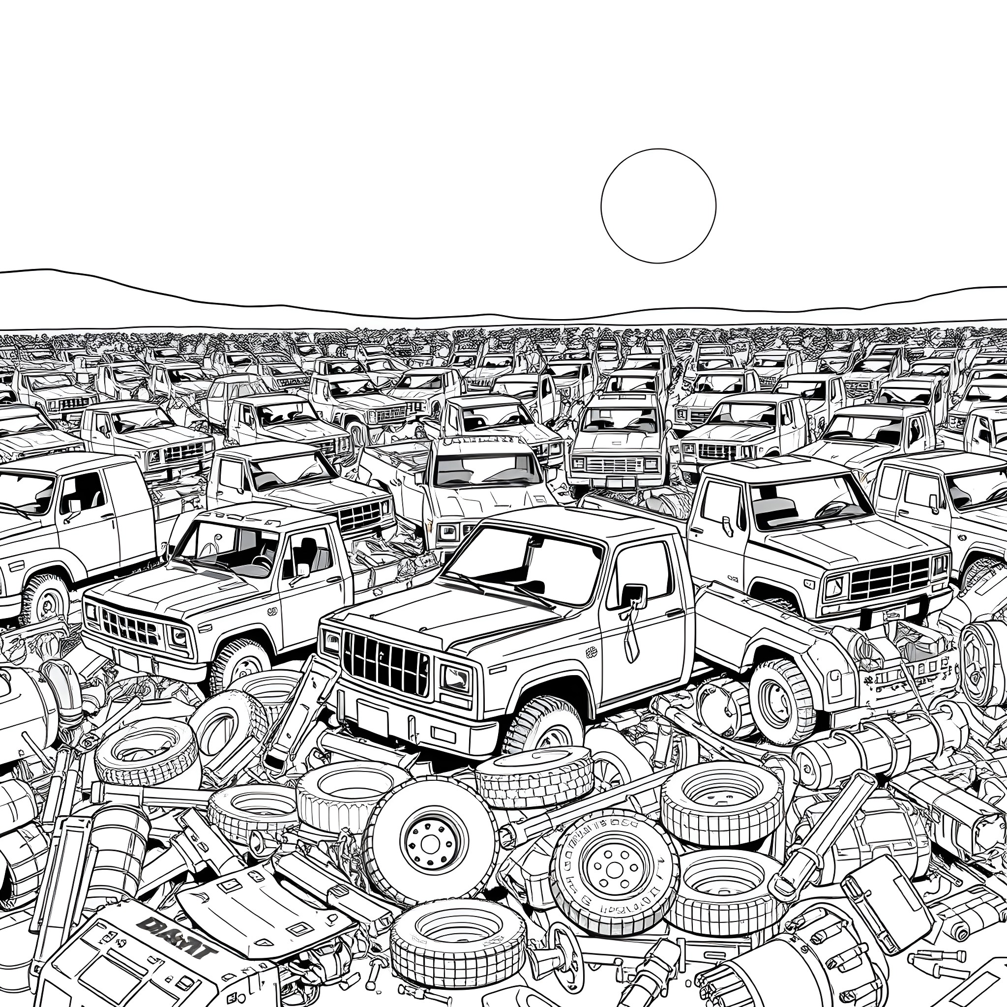 Pickup Trucks Amid Automotive Landscape Coloring Page (free black-and-white line drawing printable PDF for all, from beginners to advanced learners, including children, teens, adults, and seniors)