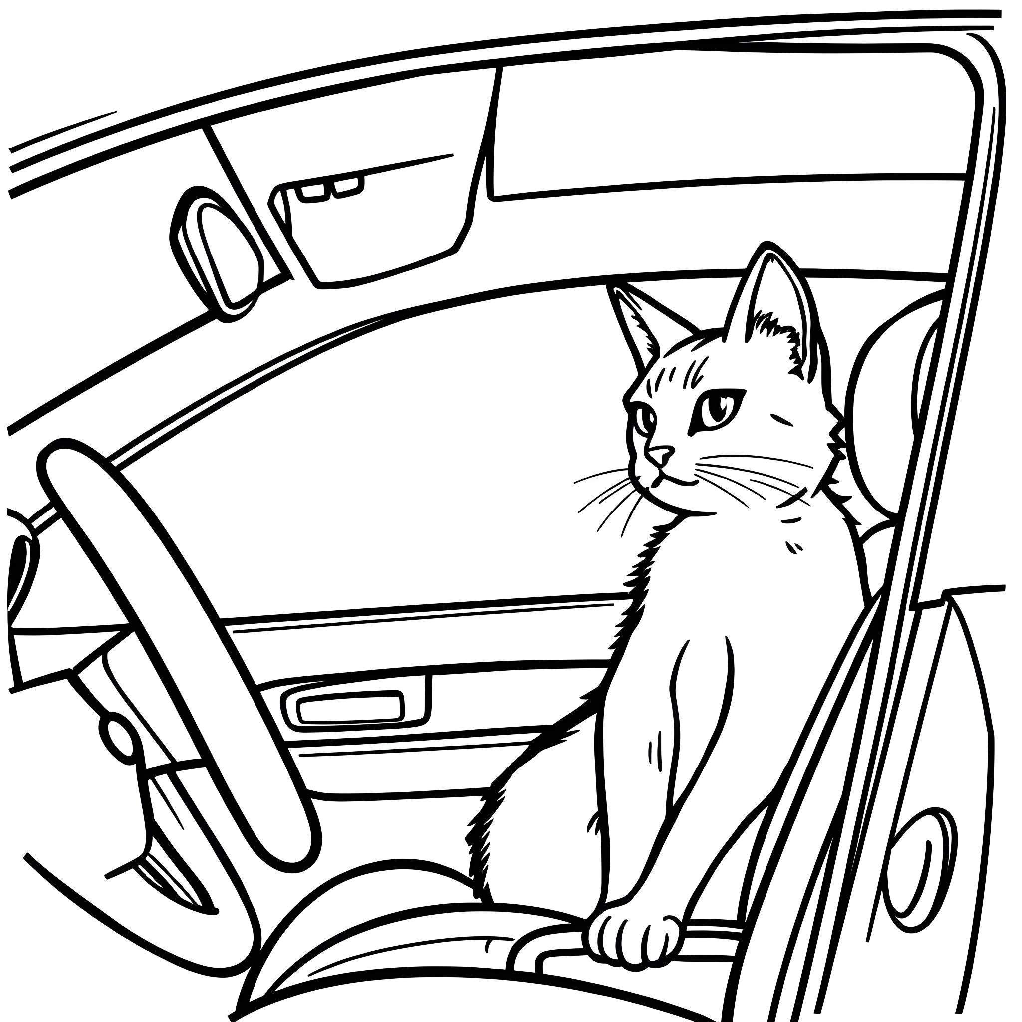 Cat relaxing in car interior Coloring Page (free black-and-white line drawing printable PDF for all, from beginners to advanced learners, including children, teens, adults, and seniors)
