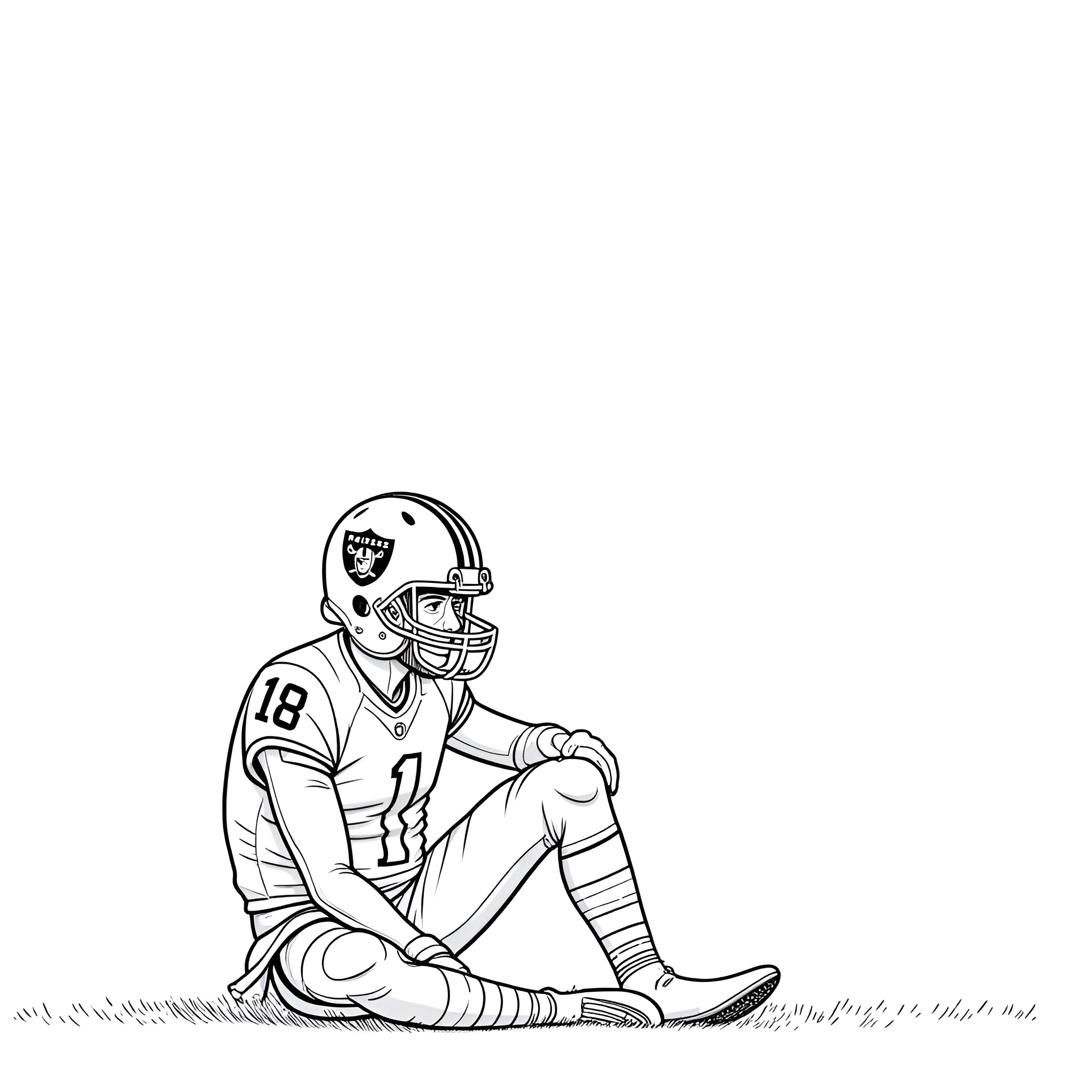 Football Player Sitting on the Field Coloring Page (free black-and-white line drawing printable PDF for all, from beginners to advanced learners, including children, teens, adults, and seniors)