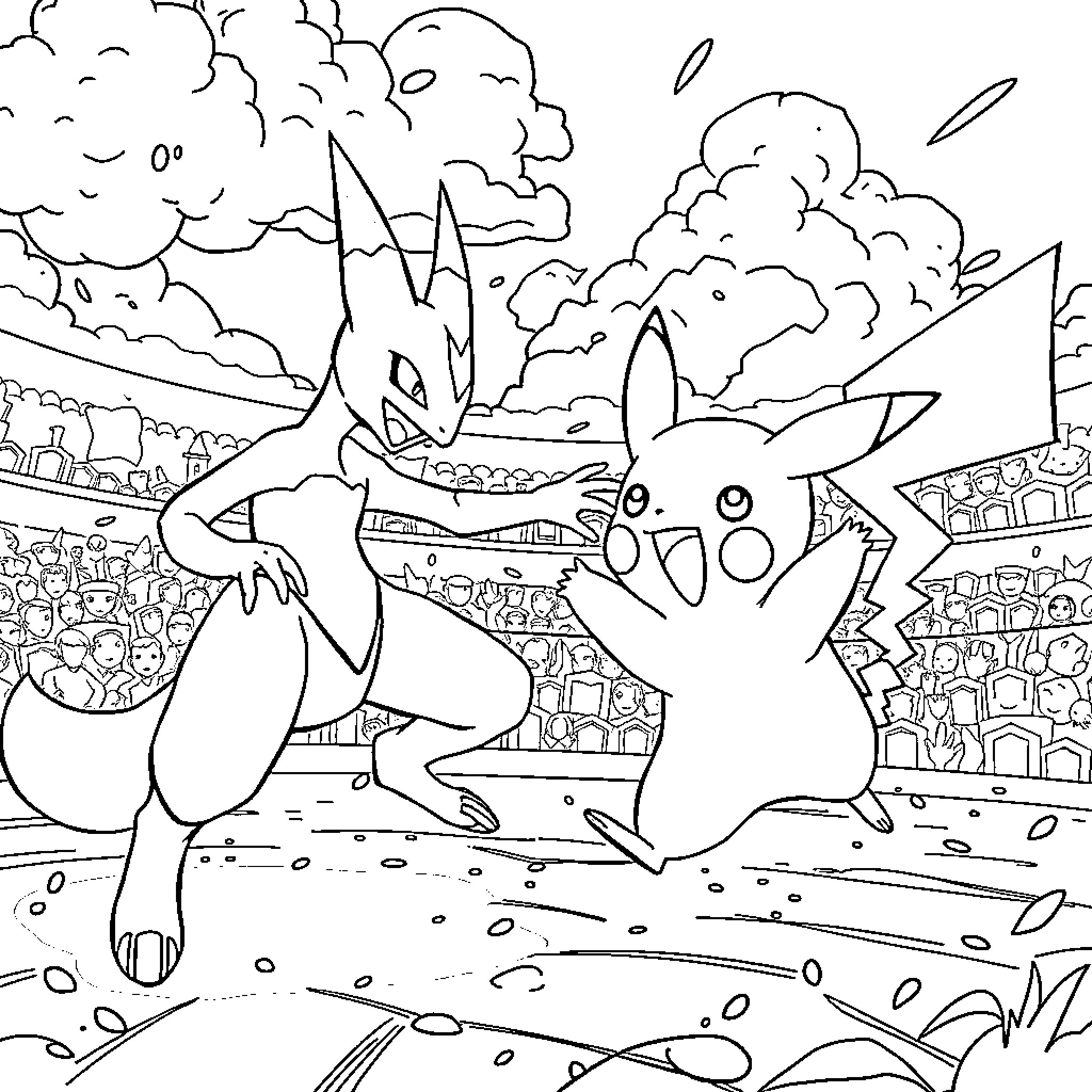 Mewtwo and Pikachu Battling in Epic Arena Coloring Page (free black-and-white line drawing printable PDF for all, from beginners to advanced learners, including children, teens, adults, and seniors)