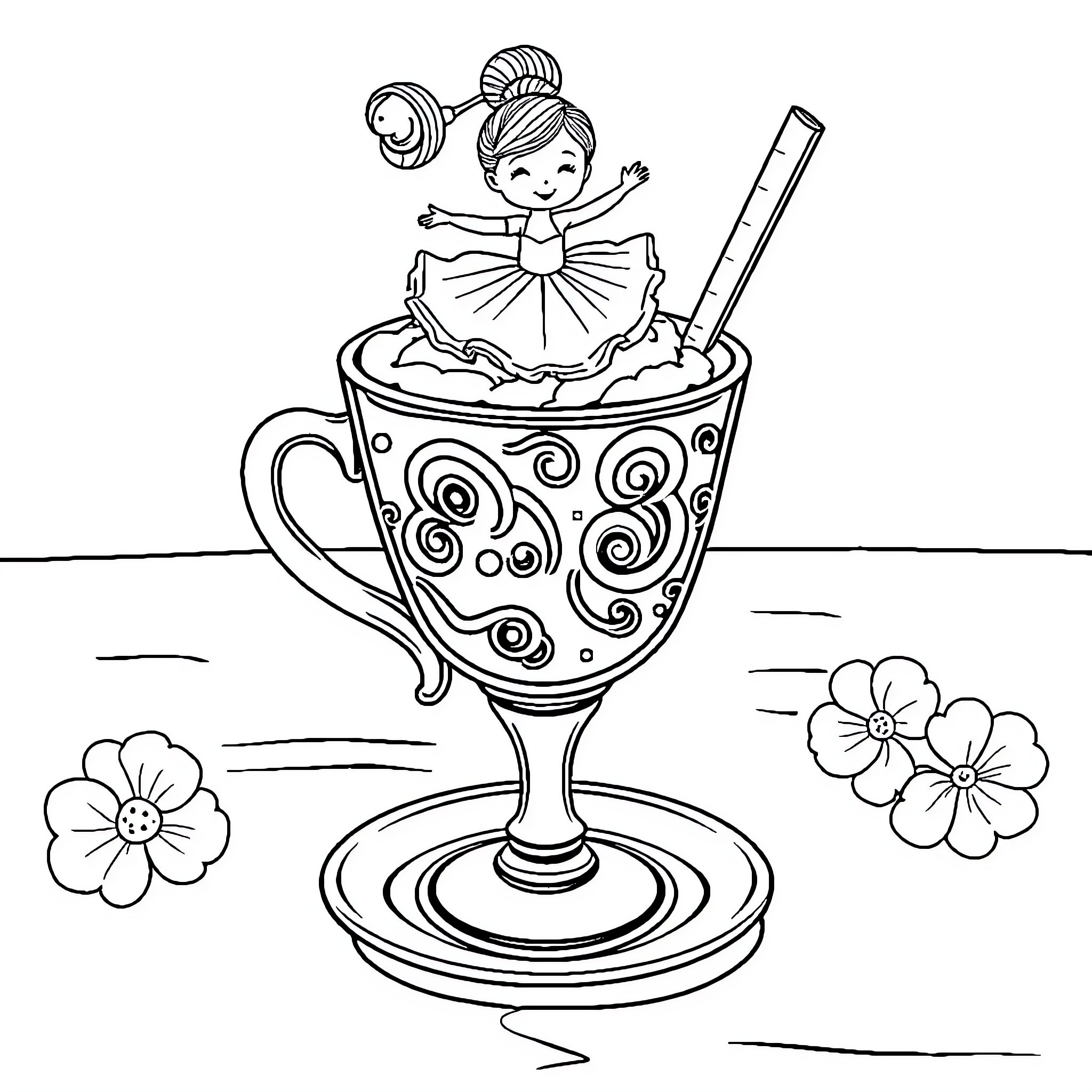Ballerina gracefully dancing in a teacup Coloring Page (free black-and-white line drawing printable PDF for all, from beginners to advanced learners, including children, teens, adults, and seniors)