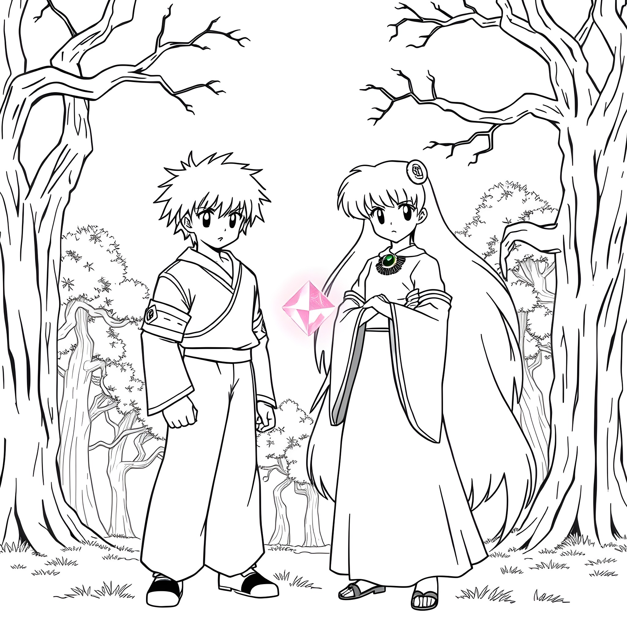Inuyasha and Kagome in the enchanted forest Coloring Page (free black-and-white line drawing printable PDF for all, from beginners to advanced learners, including children, teens, adults, and seniors)