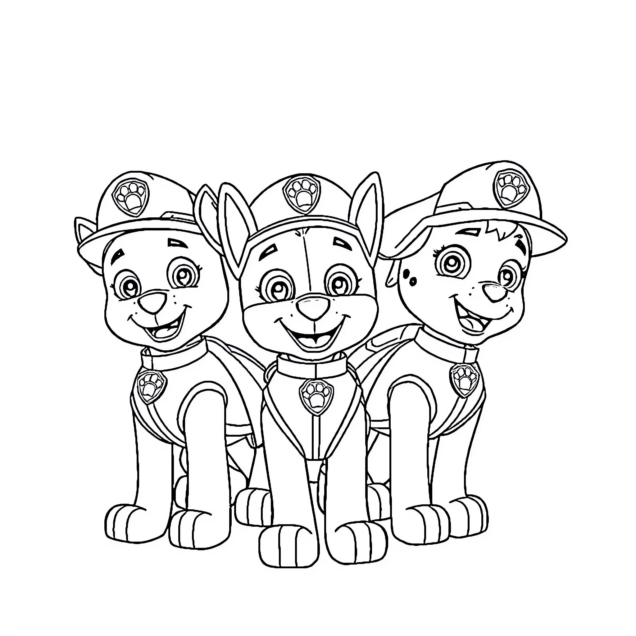 Paw Patrol Pups in Action Poses Coloring Page (free black-and-white line drawing printable PDF for all, from beginners to advanced learners, including children, teens, adults, and seniors)