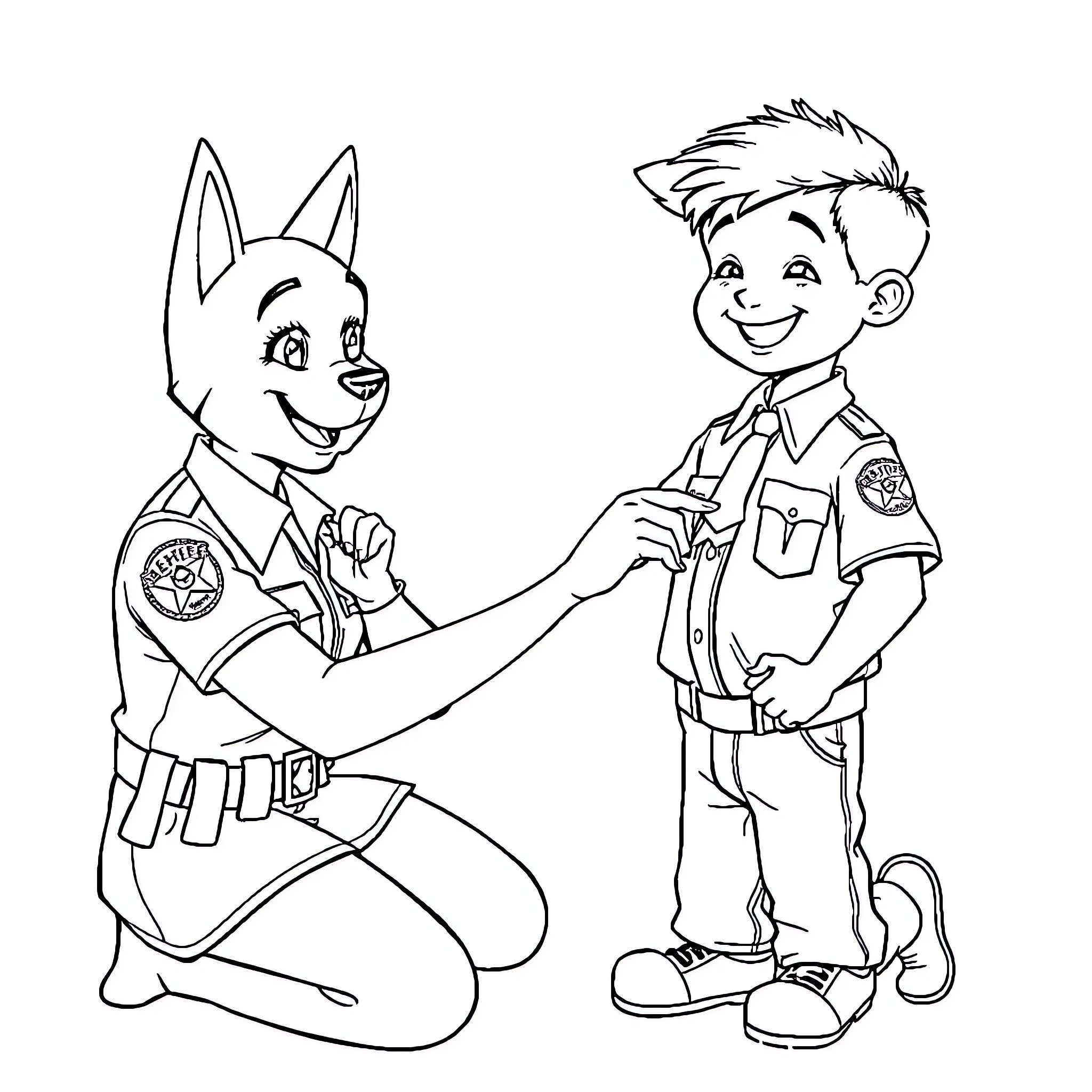 Sheriff Dog and Young Officer Conversing Coloring Page (free black-and-white line drawing printable PDF for all, from beginners to advanced learners, including children, teens, adults, and seniors)