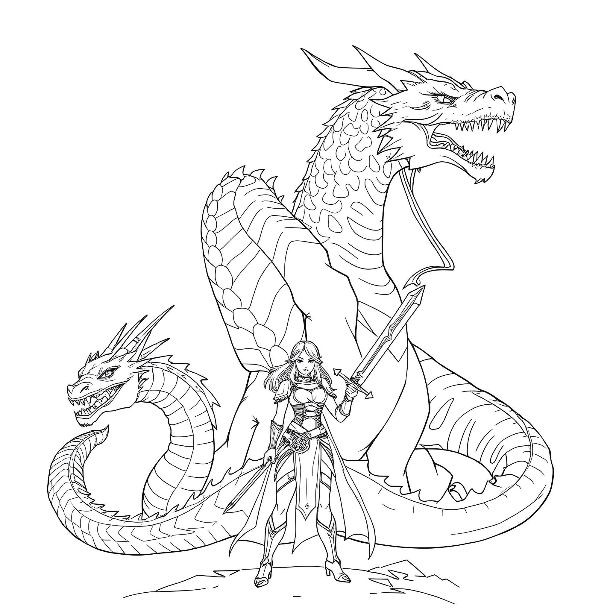 Dragon warrior wielding a sword against two fierce dragons Coloring Page (free black-and-white line drawing printable PDF for all, from beginners to advanced learners, including children, teens, adults, and seniors)