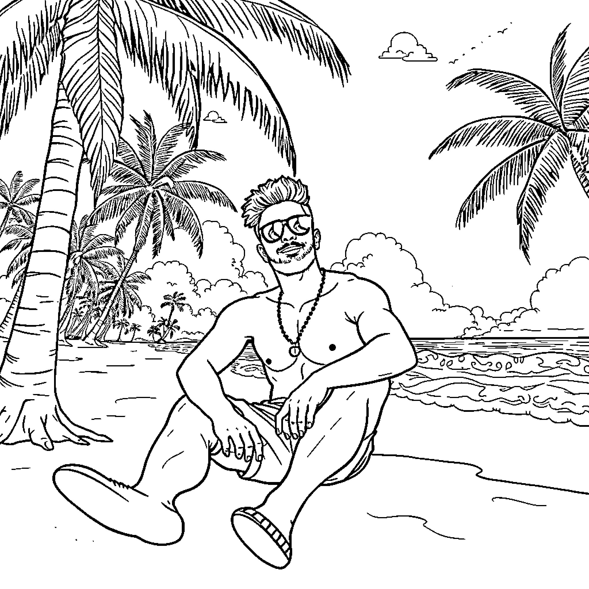 Anuel enjoying a tropical beach scene Coloring Page (free black-and-white line drawing printable PDF for all, from beginners to advanced learners, including children, teens, adults, and seniors)
