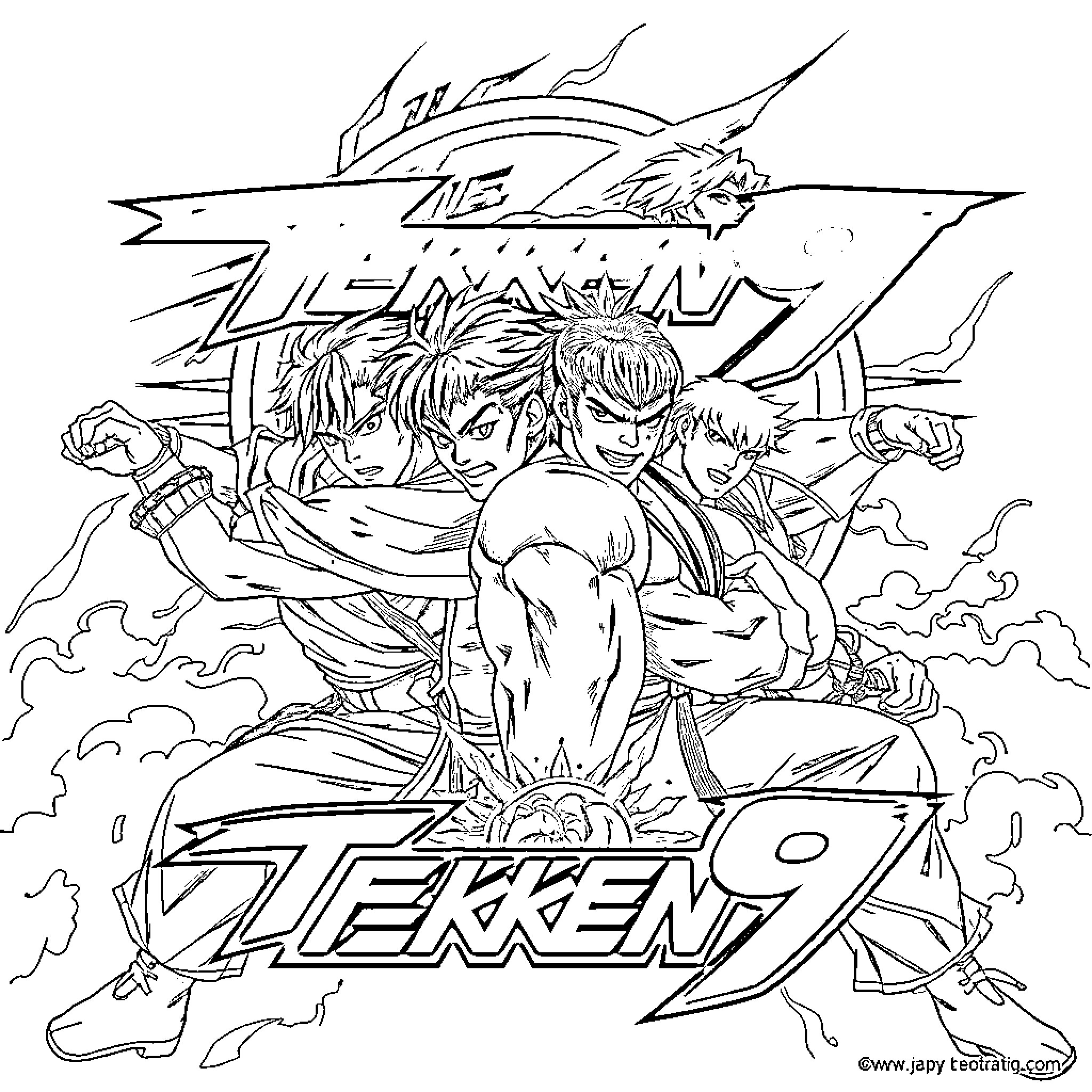 Tekken: Fierce Fighters in Epic Showdown Coloring Page (free black-and-white line drawing printable PDF for all, from beginners to advanced learners, including children, teens, adults, and seniors)