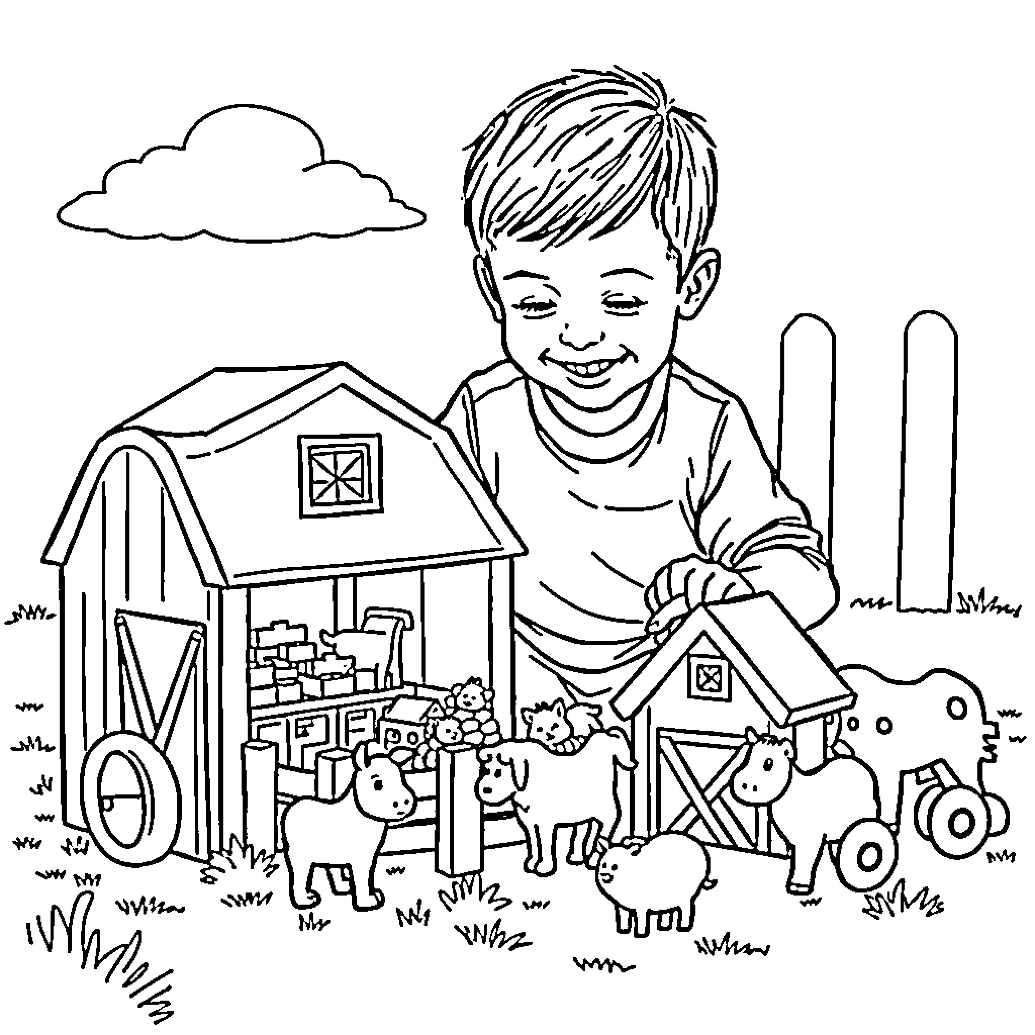 Boy playing happily with farm animals near barn Coloring Page (free black-and-white line drawing printable PDF for all, from beginners to advanced learners, including children, teens, adults, and seniors)