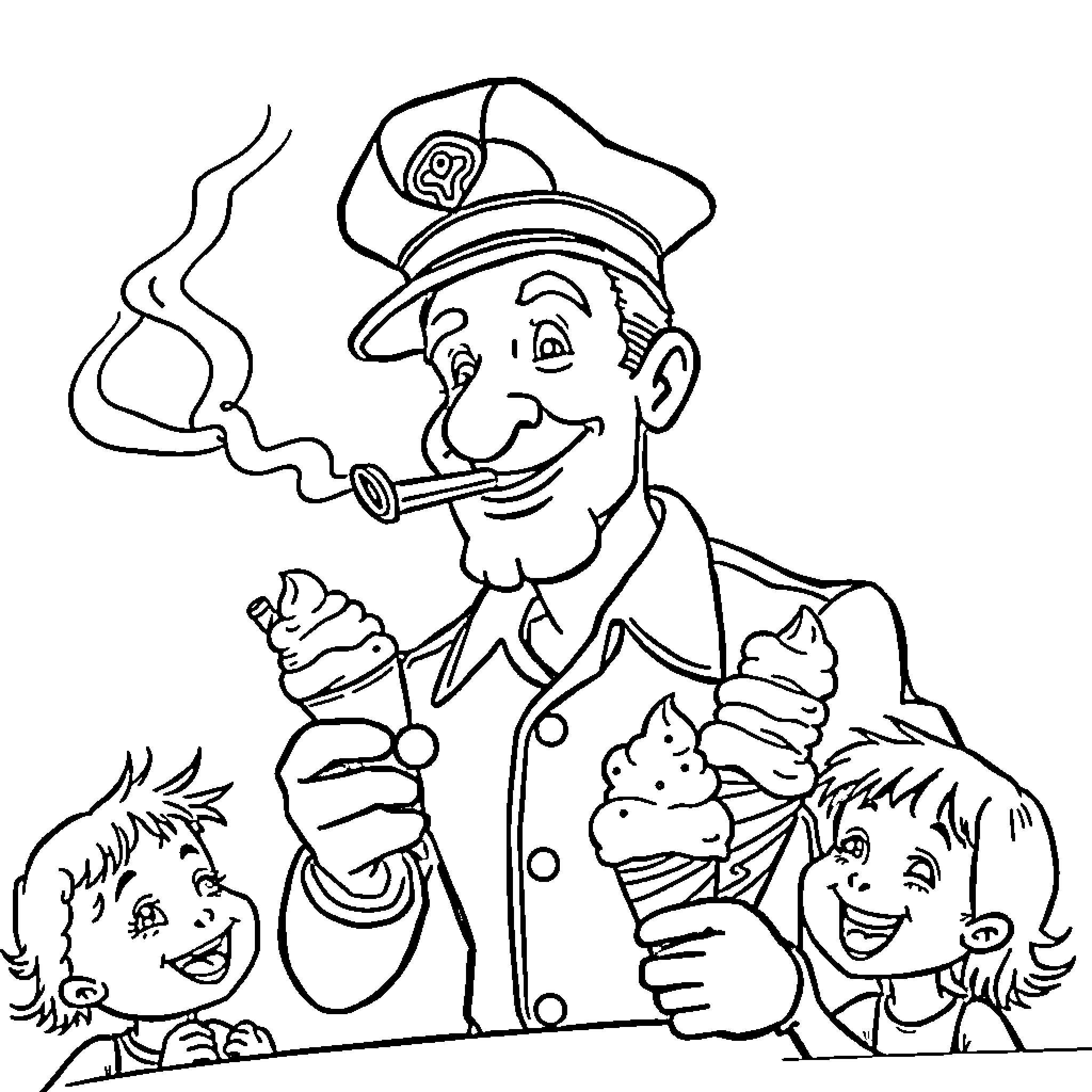 Ice Cream Man serving treats to happy children Coloring Page (free black-and-white line drawing printable PDF for all, from beginners to advanced learners, including children, teens, adults, and seniors)