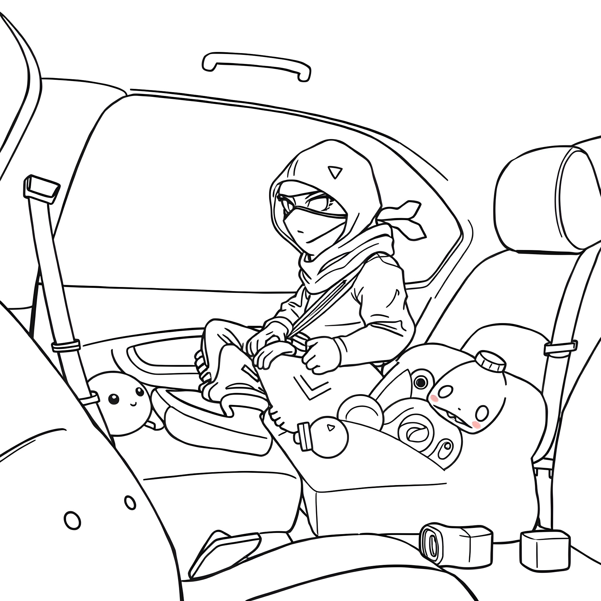 Ninja warrior traveling in a car with gadgets Coloring Page (free black-and-white line drawing printable PDF for all, from beginners to advanced learners, including children, teens, adults, and seniors)