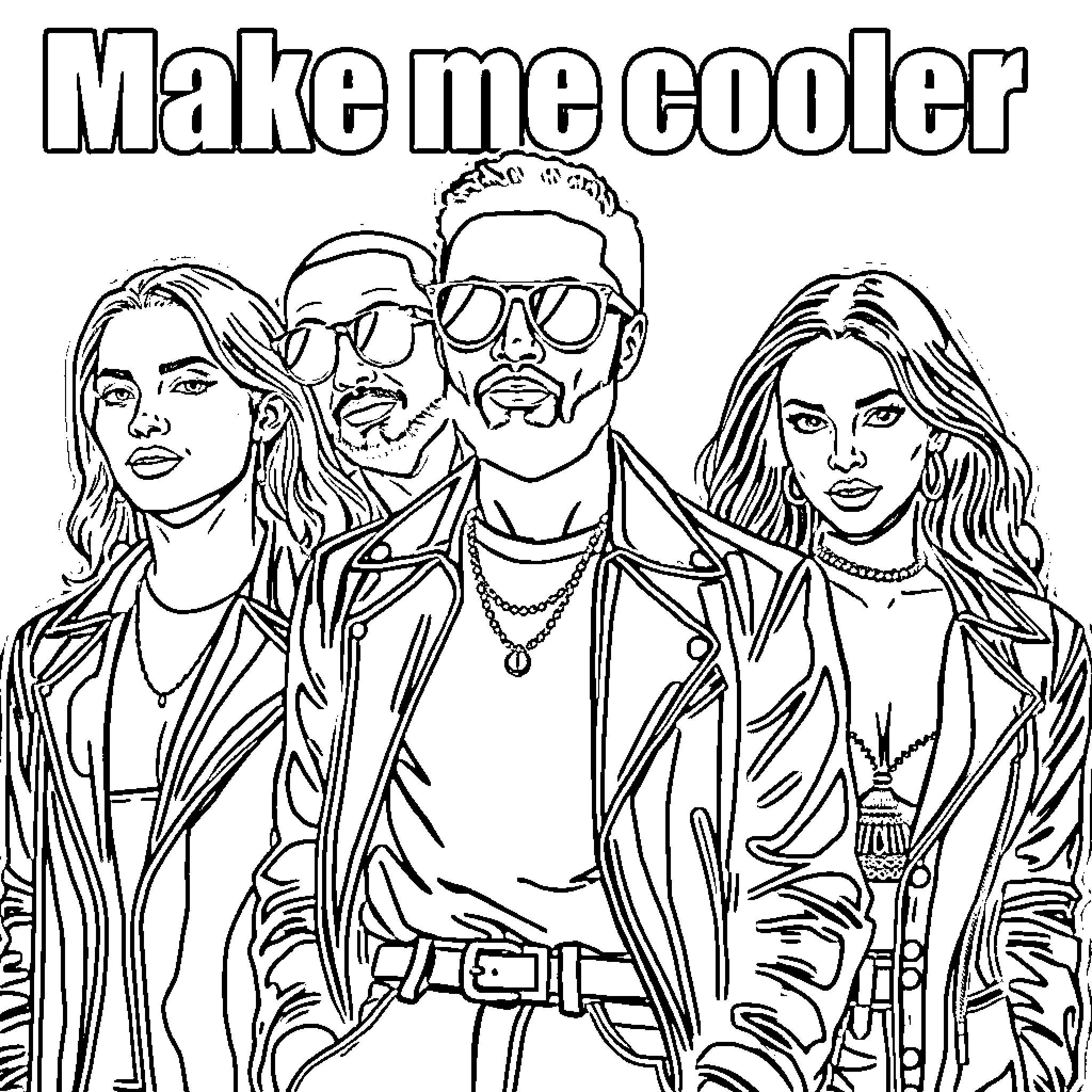 Celebrity trio posing stylishly in fashionable outfits Coloring Page (free black-and-white line drawing printable PDF for all, from beginners to advanced learners, including children, teens, adults, and seniors)
