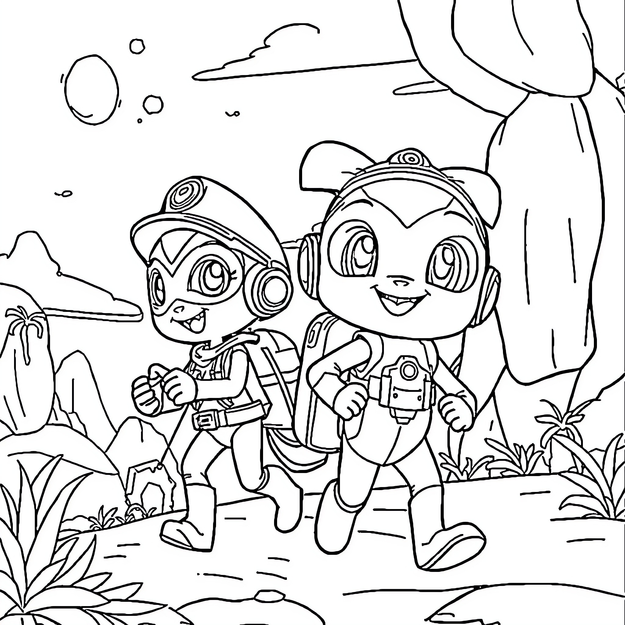 Paw Patrol Adventuring in the Wilderness Coloring Page (free black-and-white line drawing printable PDF for all, from beginners to advanced learners, including children, teens, adults, and seniors)