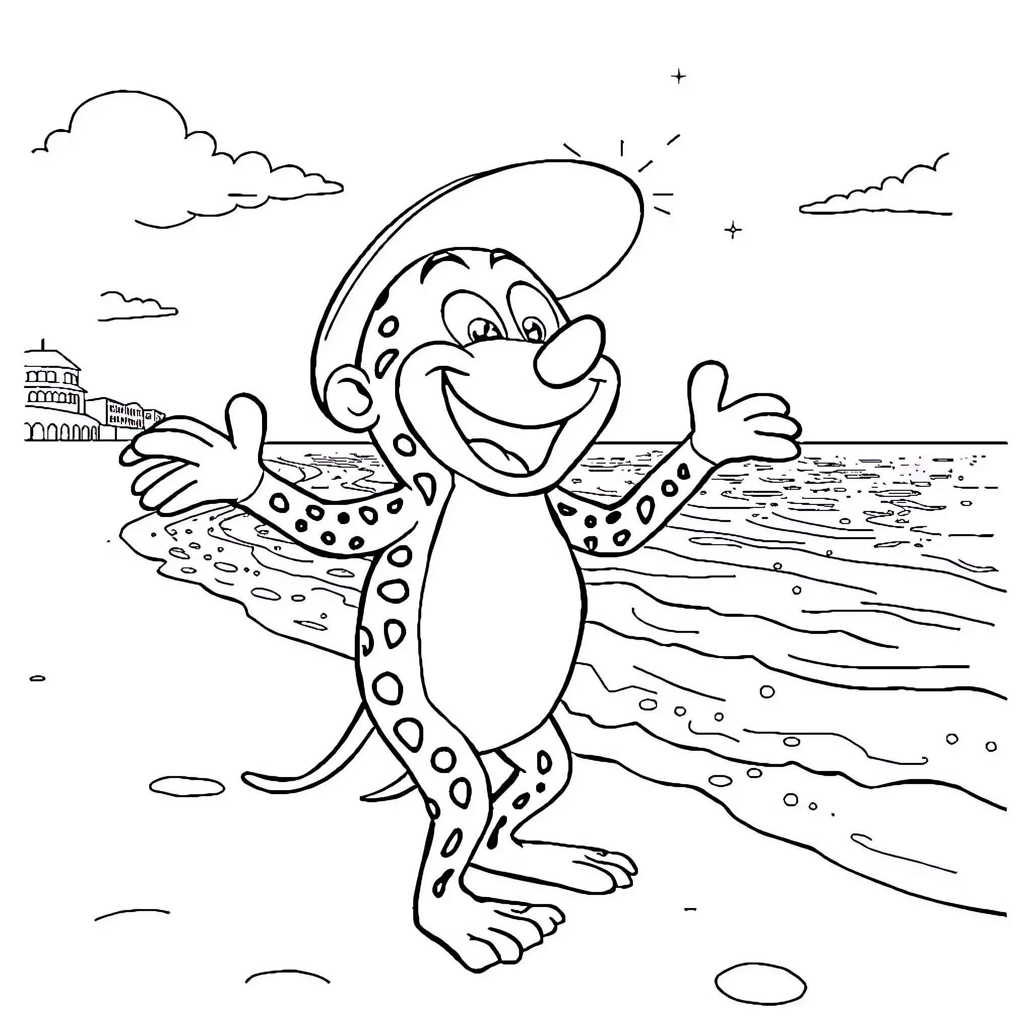Bob l'éponge enjoying a day at the beach Coloring Page (free black-and-white line drawing printable PDF for all, from beginners to advanced learners, including children, teens, adults, and seniors)