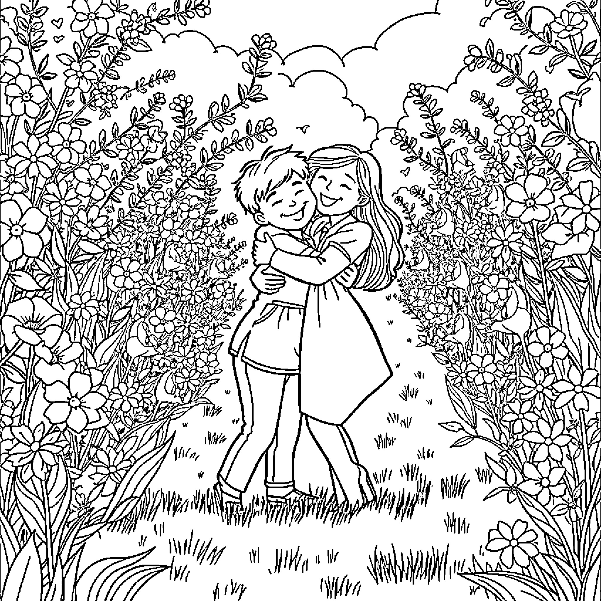 Kid hugging happily in a flowery garden Coloring Page (free black-and-white line drawing printable PDF for all, from beginners to advanced learners, including children, teens, adults, and seniors)