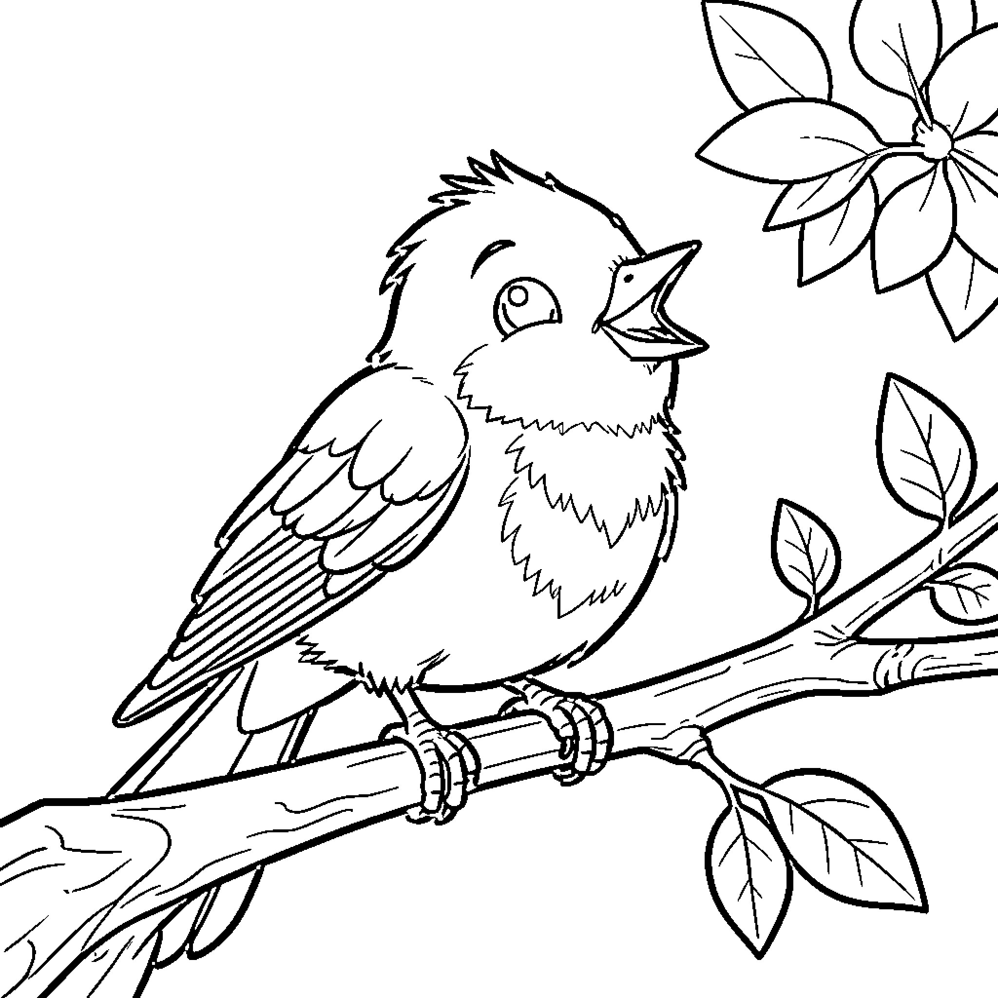 Train bird perched on branch with flowers Coloring Page (free black-and-white line drawing printable PDF for all, from beginners to advanced learners, including children, teens, adults, and seniors)