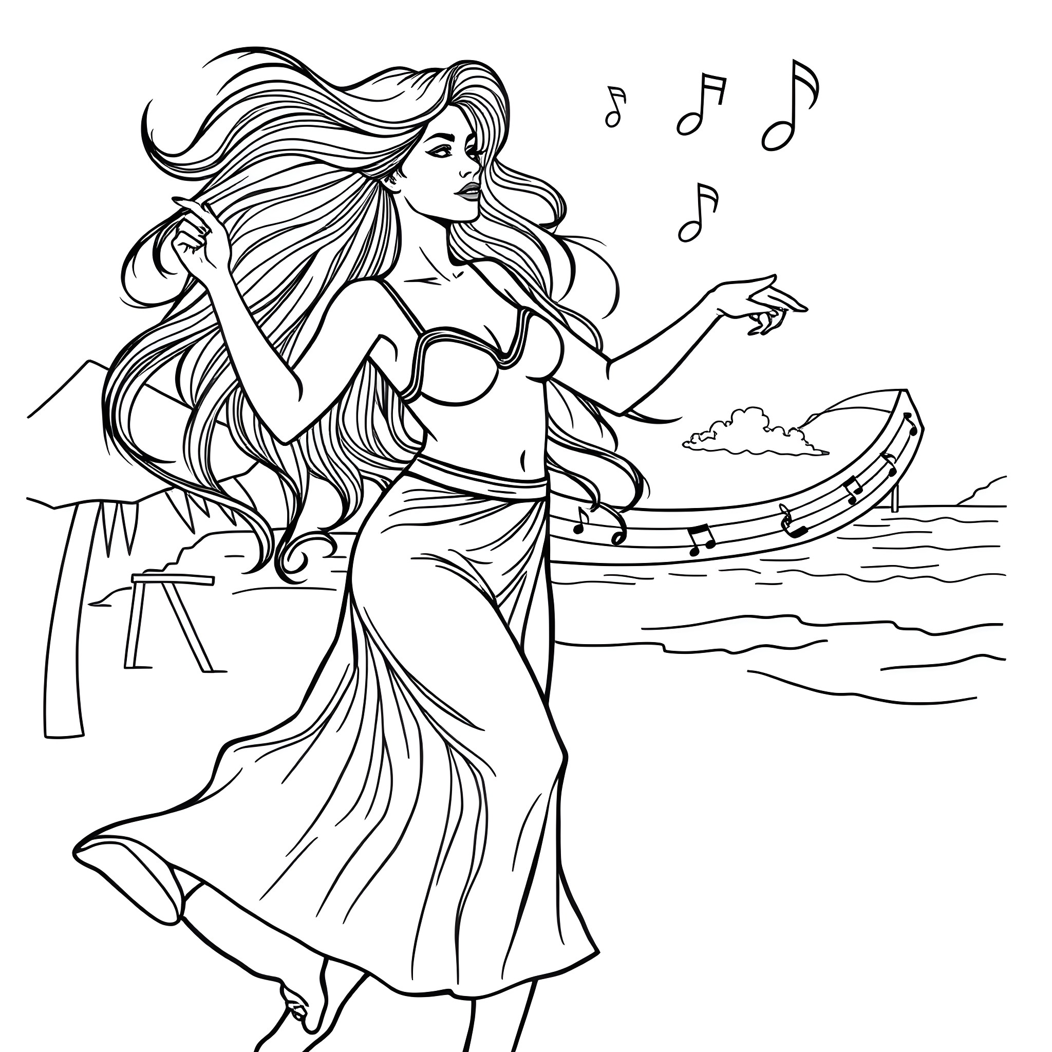 Woman dancing gracefully by the sea Coloring Page (free black-and-white line drawing printable PDF for all, from beginners to advanced learners, including children, teens, adults, and seniors)