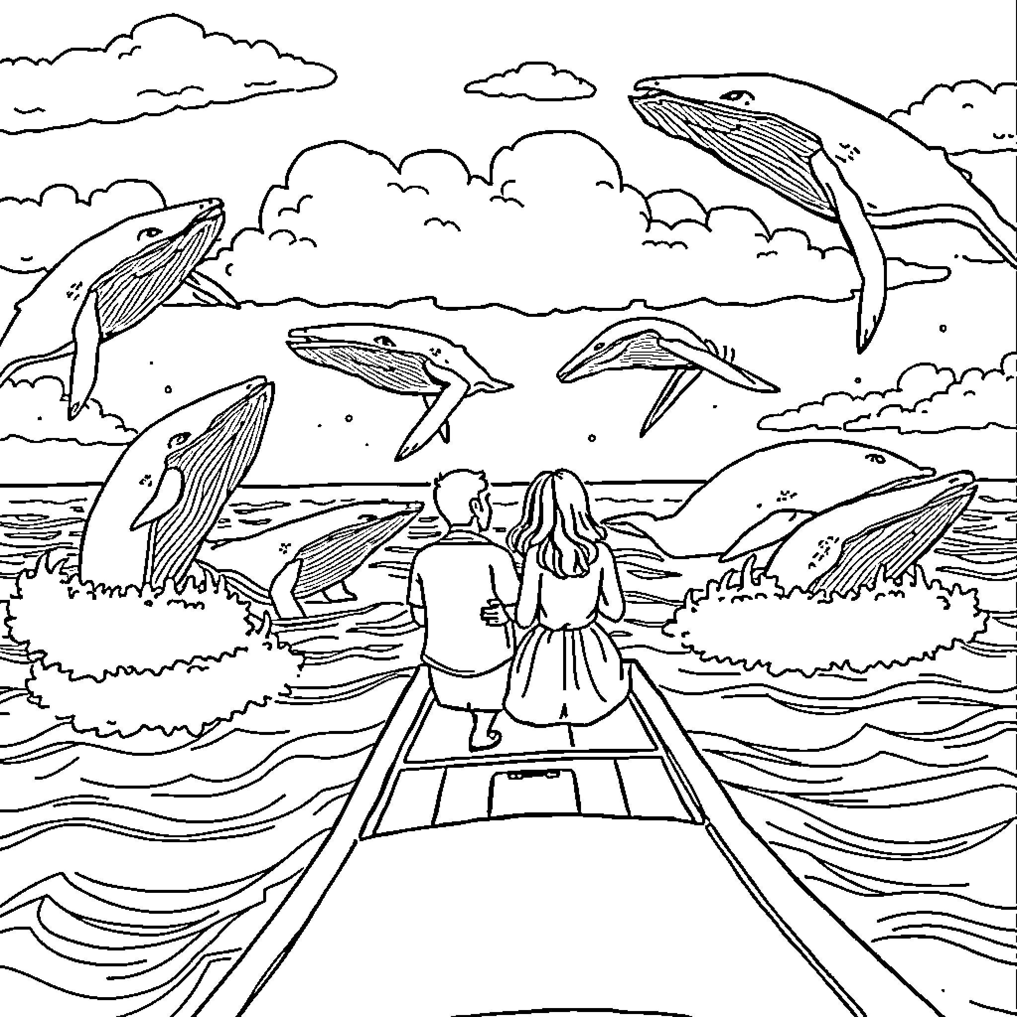 Couple observing whales in the ocean Coloring Page (free black-and-white line drawing printable PDF for all, from beginners to advanced learners, including children, teens, adults, and seniors)