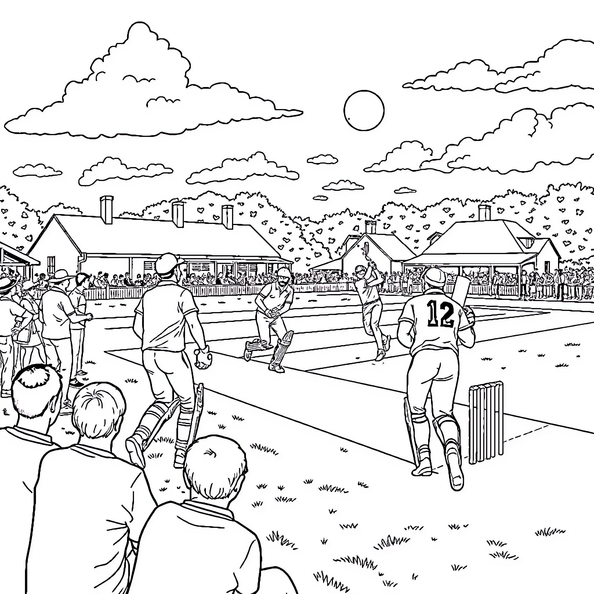 Cricket Club: Outdoor Match with Spectators Coloring Page (free black-and-white line drawing printable PDF for all, from beginners to advanced learners, including children, teens, adults, and seniors)