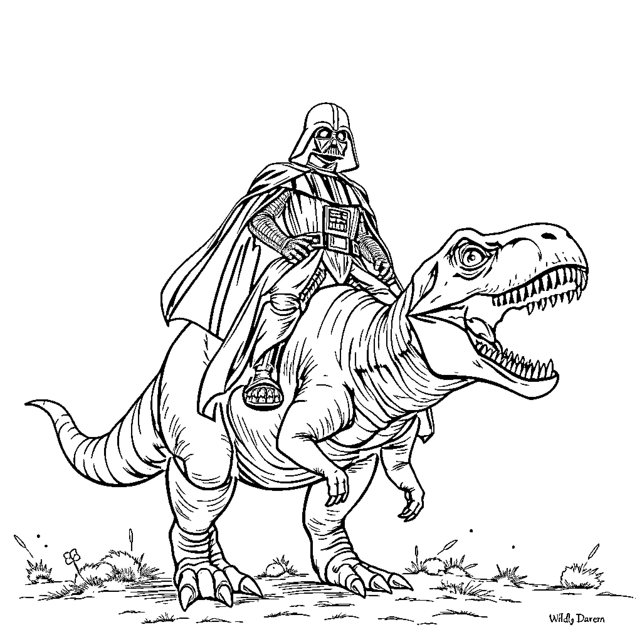 Darth Vader riding a fearsome dinosaur Coloring Page (free black-and-white line drawing printable PDF for all, from beginners to advanced learners, including children, teens, adults, and seniors)