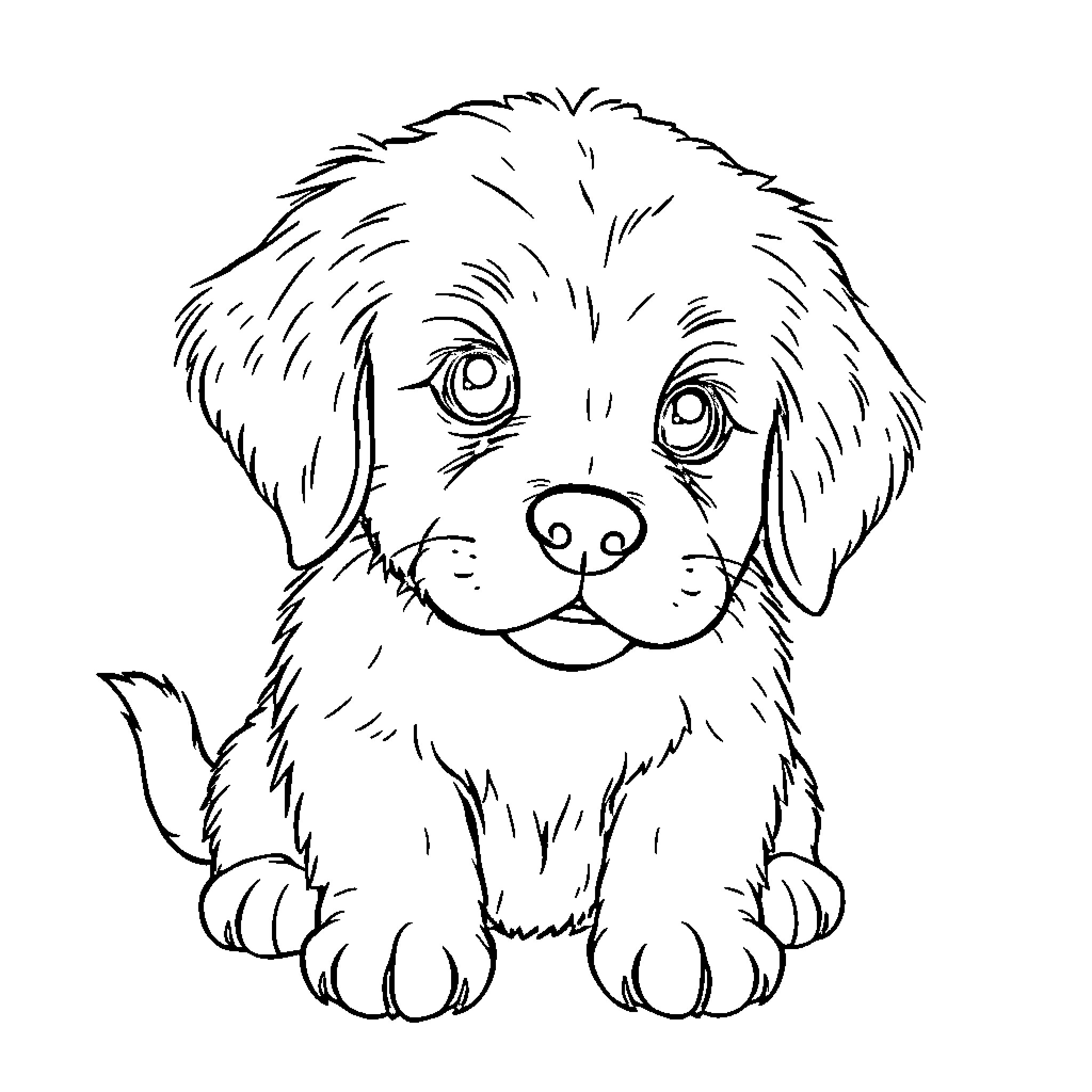 Golden Retriever Puppy Looking Adorable Coloring Page (free black-and-white line drawing printable PDF for all, from beginners to advanced learners, including children, teens, adults, and seniors)