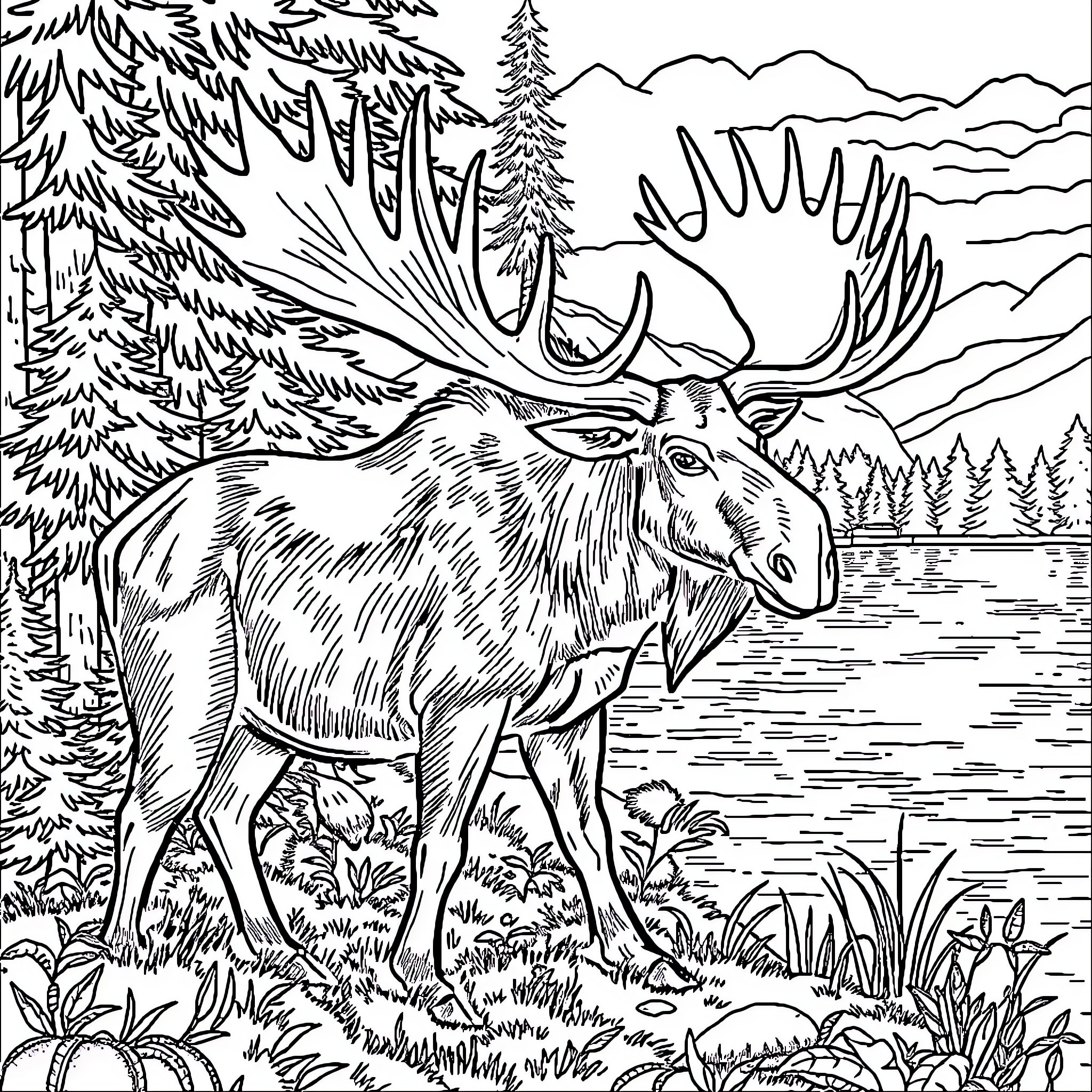 Moose exploring the serene forest landscape Coloring Page (free black-and-white line drawing printable PDF for all, from beginners to advanced learners, including children, teens, adults, and seniors)