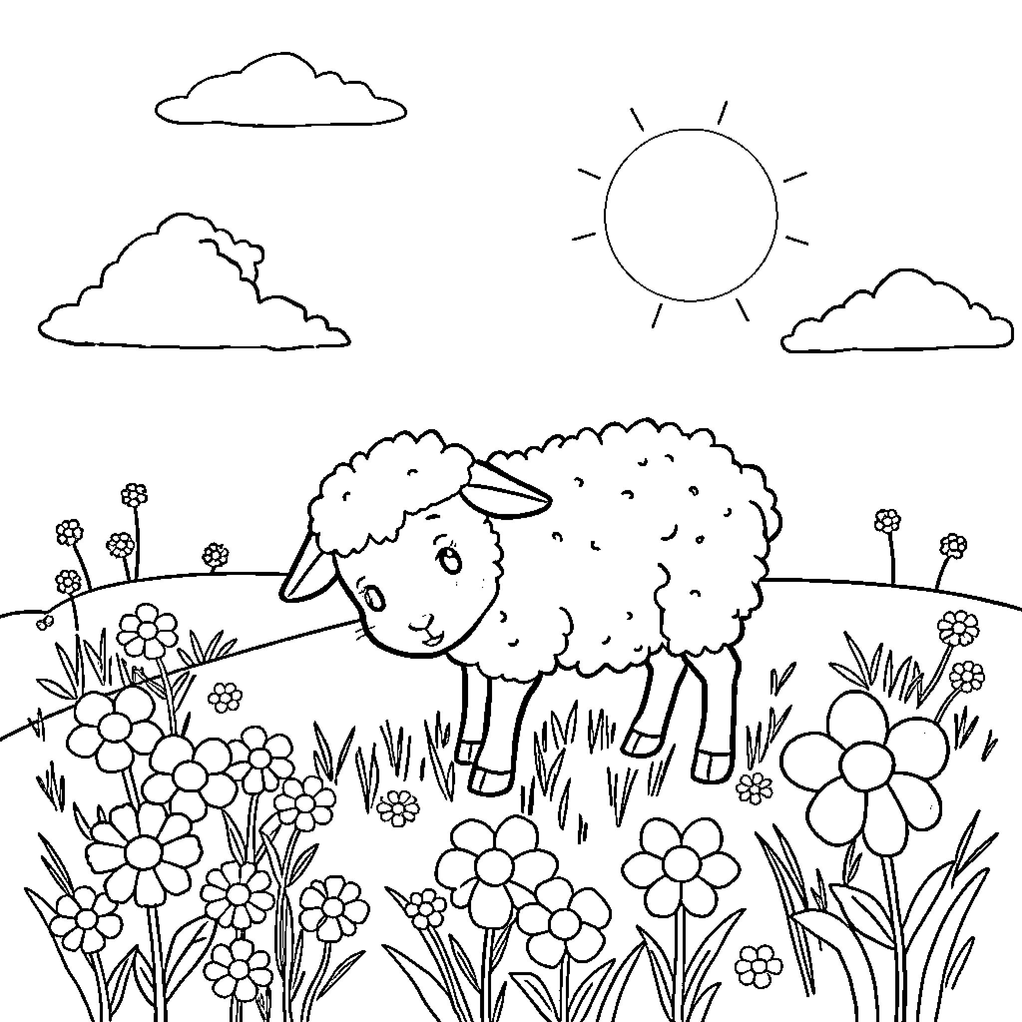 Sheep grazing peacefully in a flowery meadow Coloring Page (free black-and-white line drawing printable PDF for all, from beginners to advanced learners, including children, teens, adults, and seniors)