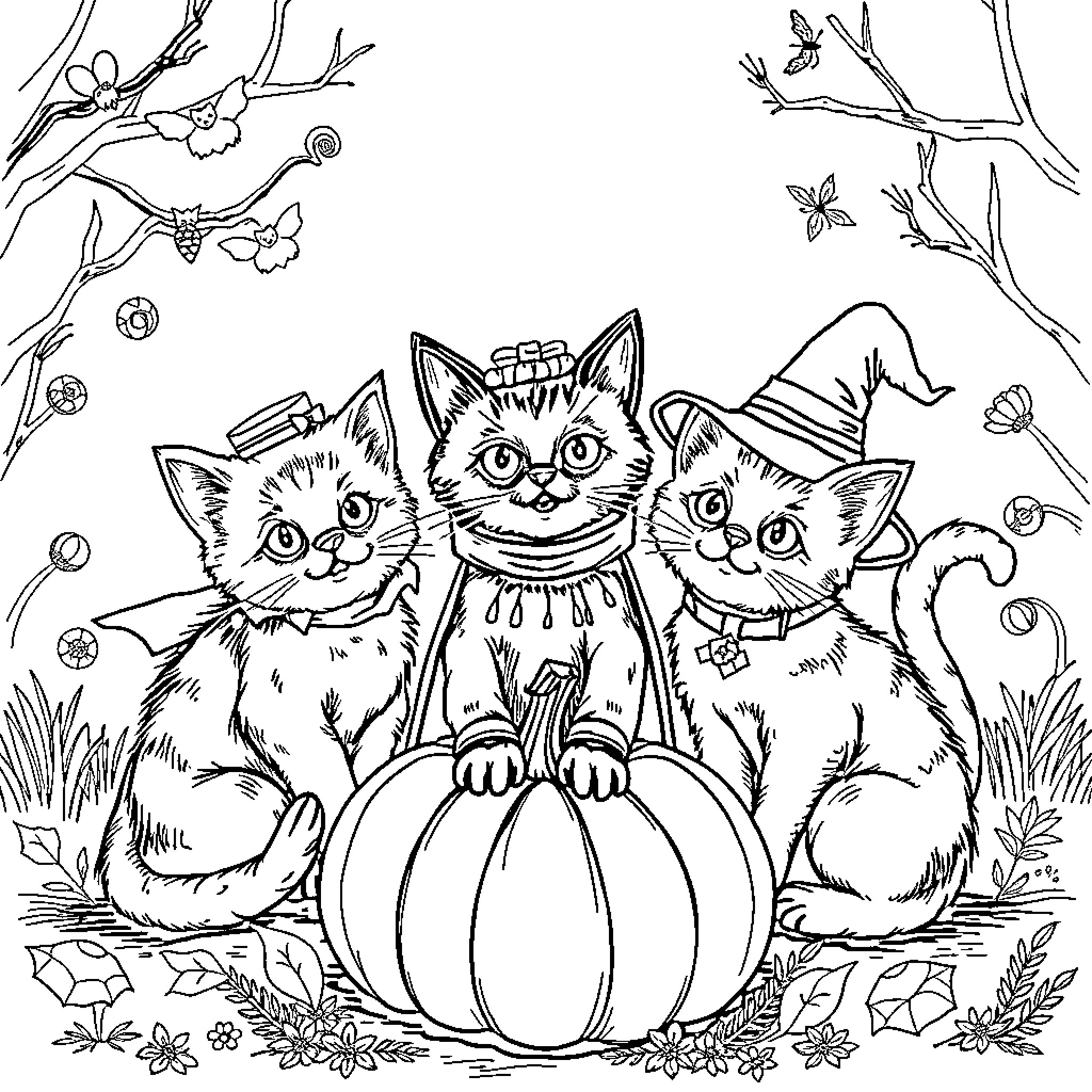 Cat Trio Posing with Pumpkin in Floral Scene Coloring Page (free black-and-white line drawing printable PDF for all, from beginners to advanced learners, including children, teens, adults, and seniors)