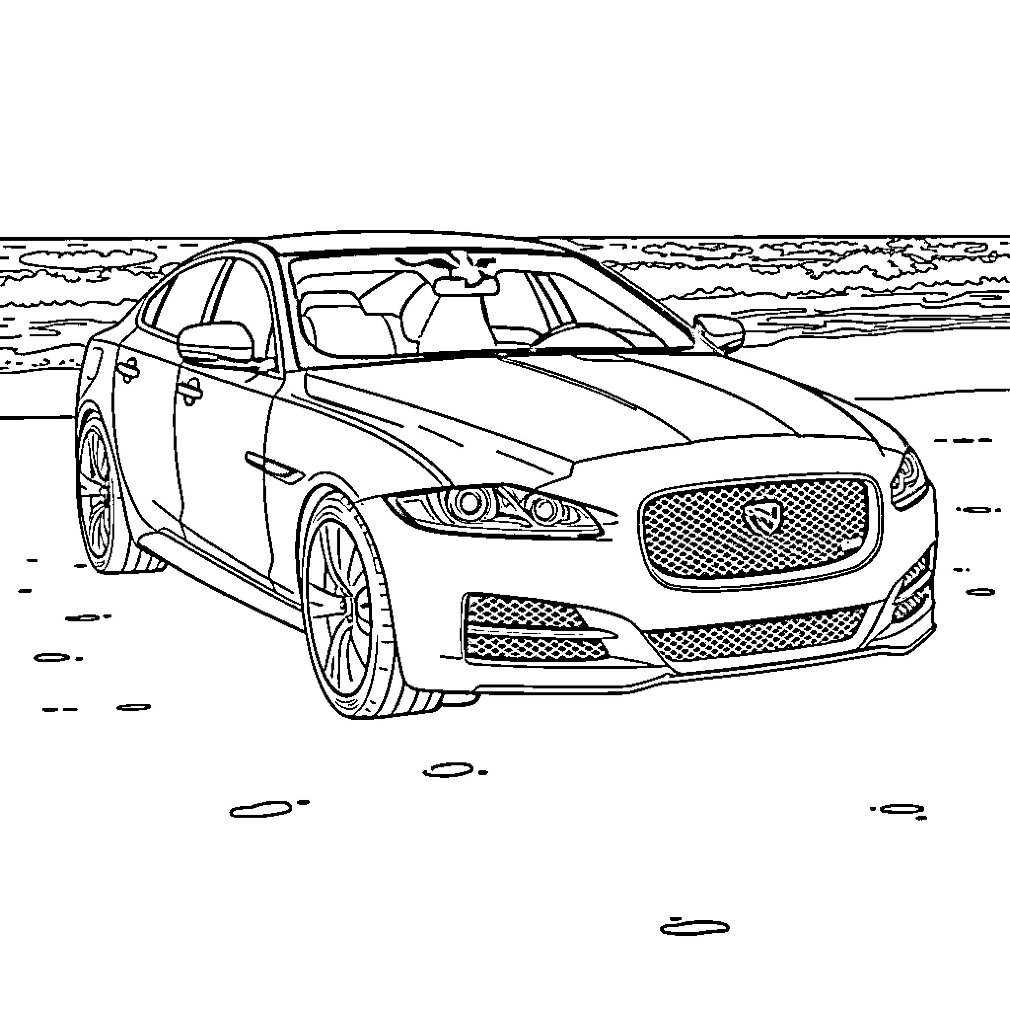 Jaguar sports sedan on the open road Coloring Page (free black-and-white line drawing printable PDF for all, from beginners to advanced learners, including children, teens, adults, and seniors)