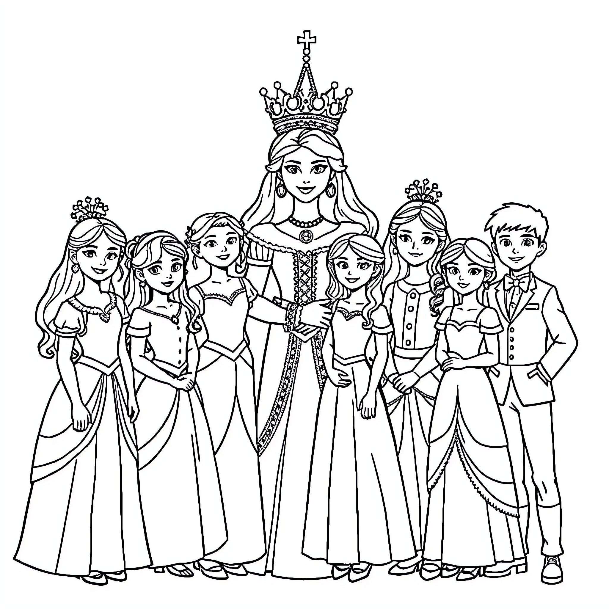 Princess and Royal Family in Formal Attire Coloring Page (free black-and-white line drawing printable PDF for all, from beginners to advanced learners, including children, teens, adults, and seniors)