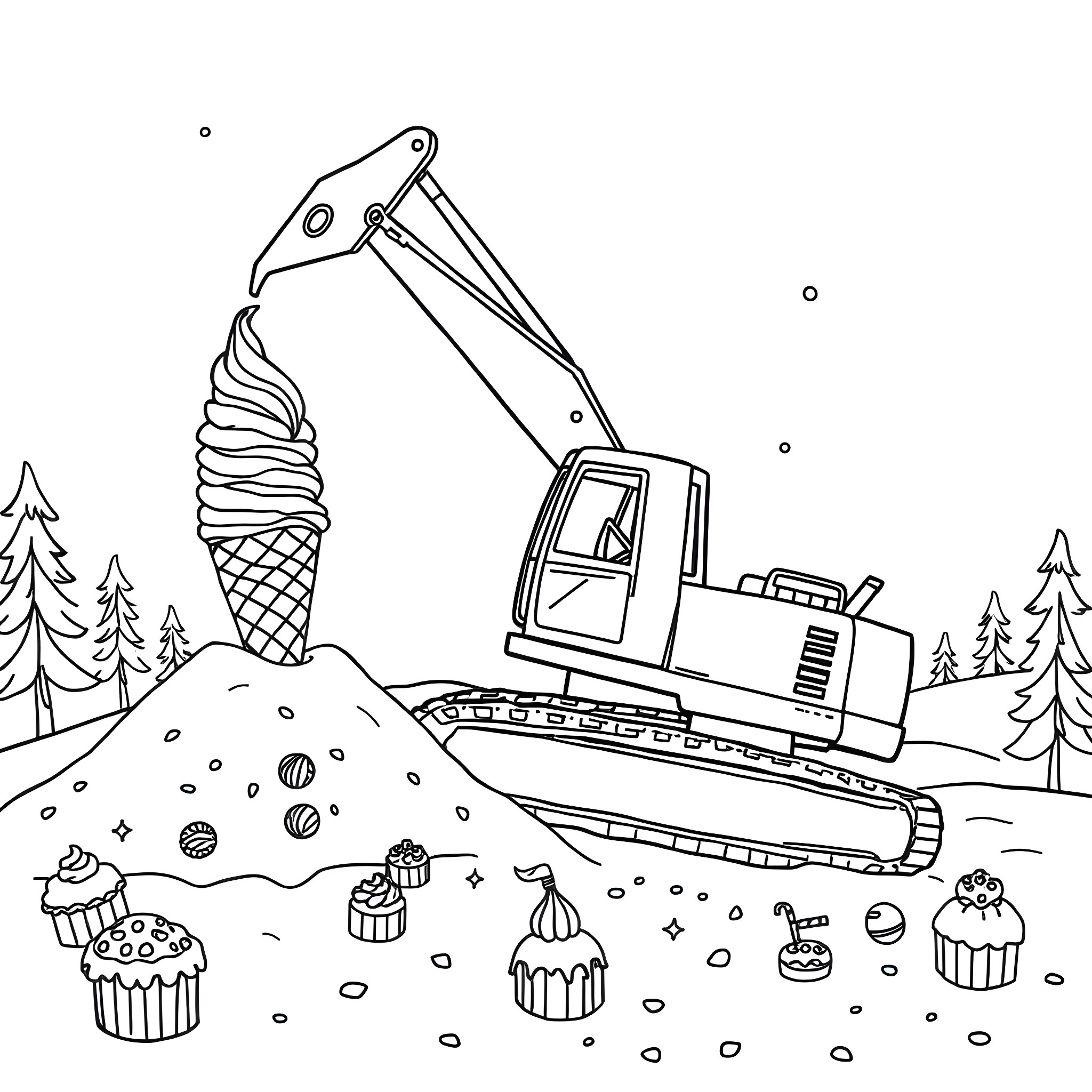 Excavator loading sweet treats onto construction site Coloring Page (free black-and-white line drawing printable PDF for all, from beginners to advanced learners, including children, teens, adults, and seniors)