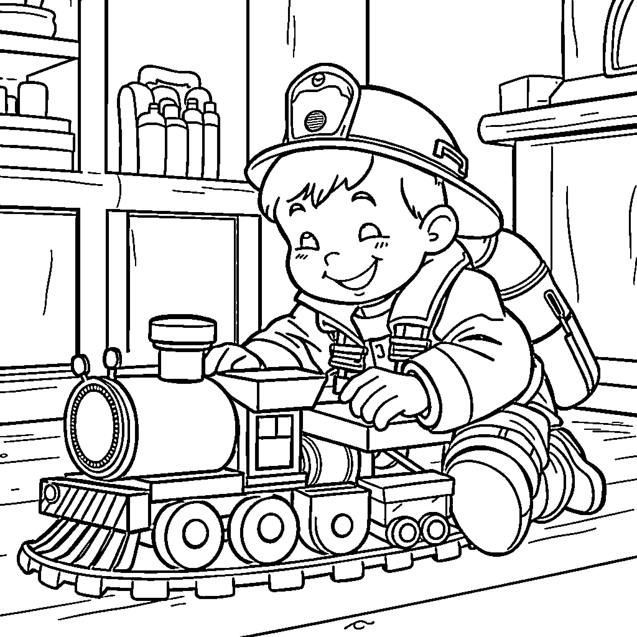 Firefighter plays with toy train in the station Coloring Page (free black-and-white line drawing printable PDF for all, from beginners to advanced learners, including children, teens, adults, and seniors)