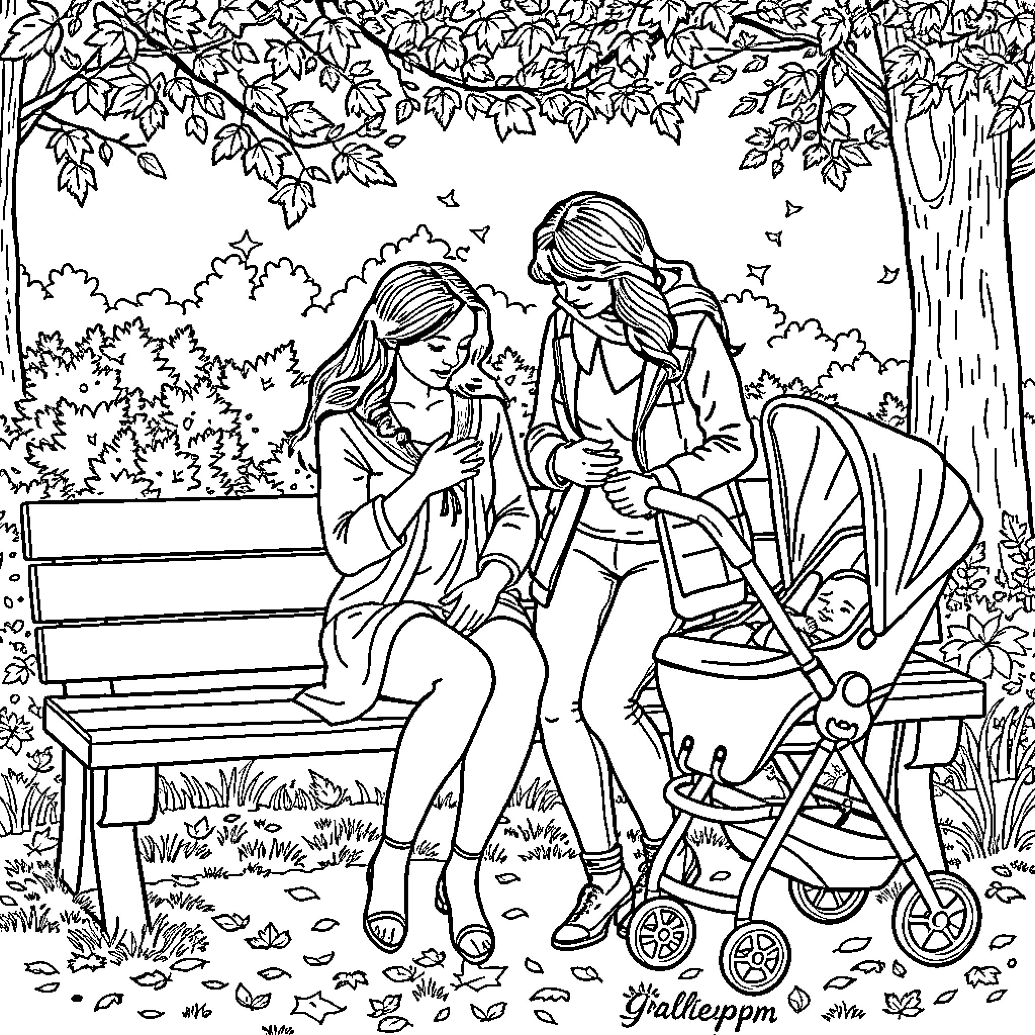 Mom and daughter spending quality time outdoors Coloring Page (free black-and-white line drawing printable PDF for all, from beginners to advanced learners, including children, teens, adults, and seniors)