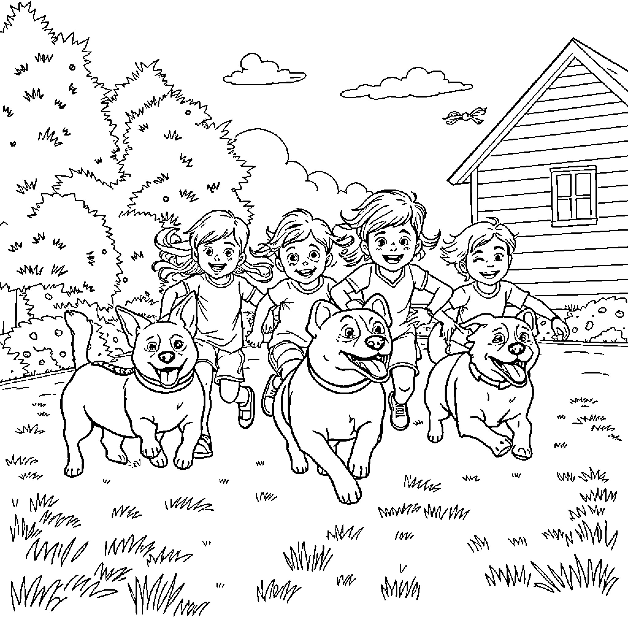 Kid friends playing with dogs in the yard Coloring Page (free black-and-white line drawing printable PDF for all, from beginners to advanced learners, including children, teens, adults, and seniors)