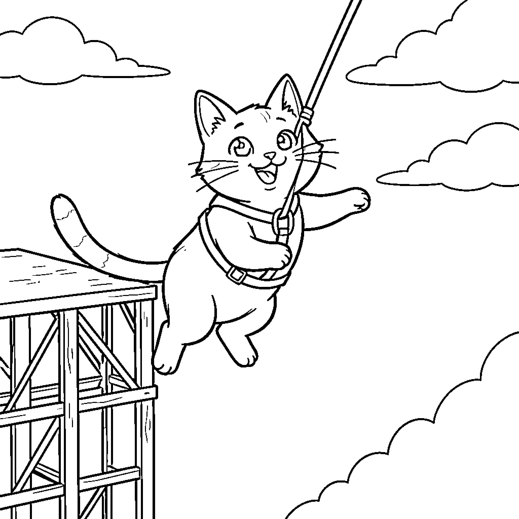 Cat bravely climbing up a structure Coloring Page (free black-and-white line drawing printable PDF for all, from beginners to advanced learners, including children, teens, adults, and seniors)