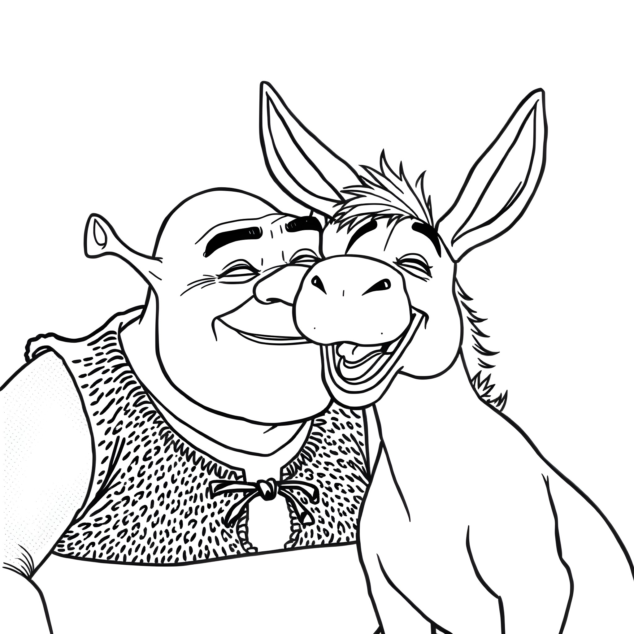 Shrek as a funny and playful donkey Coloring Page (free black-and-white line drawing printable PDF for all, from beginners to advanced learners, including children, teens, adults, and seniors)