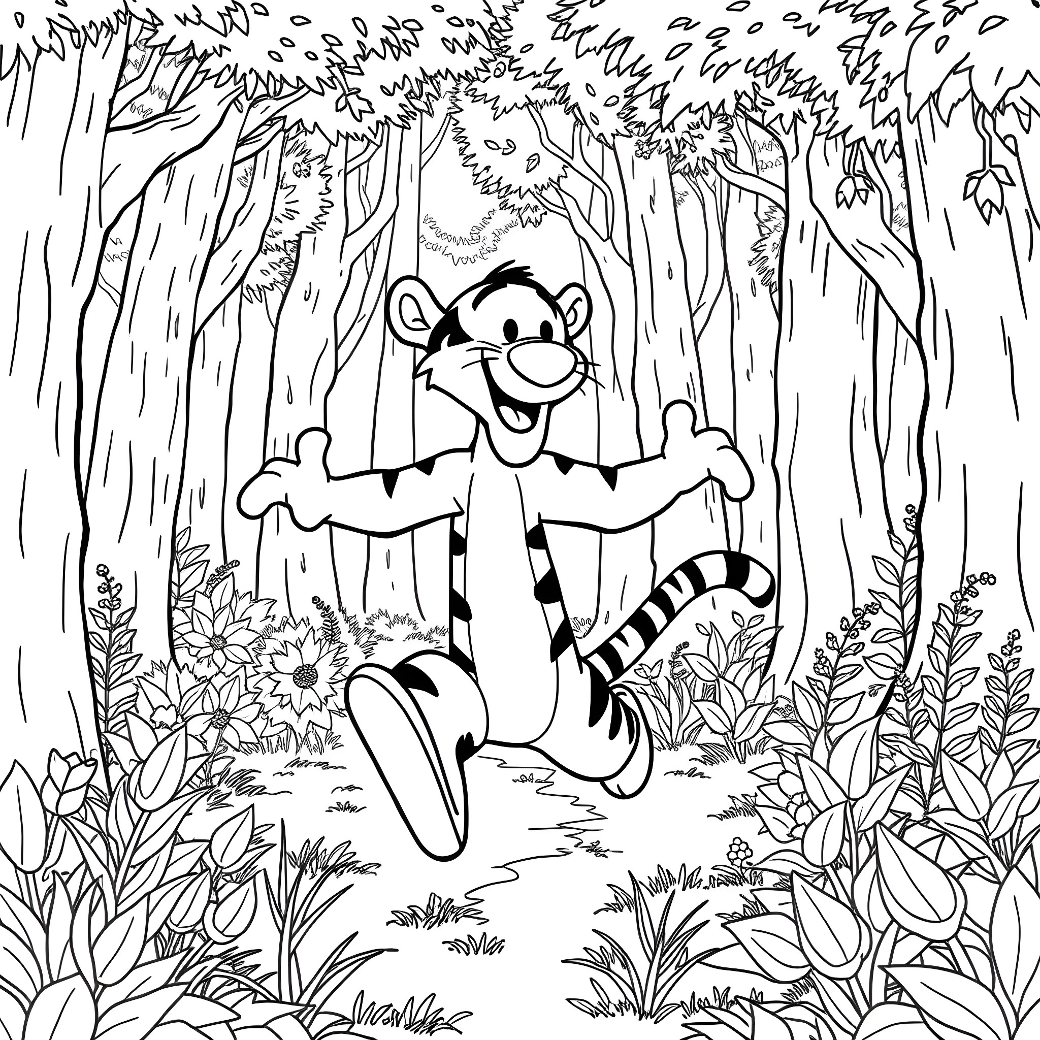 Tigger jumping joyfully in the forest Coloring Page (free black-and-white line drawing printable PDF for all, from beginners to advanced learners, including children, teens, adults, and seniors)
