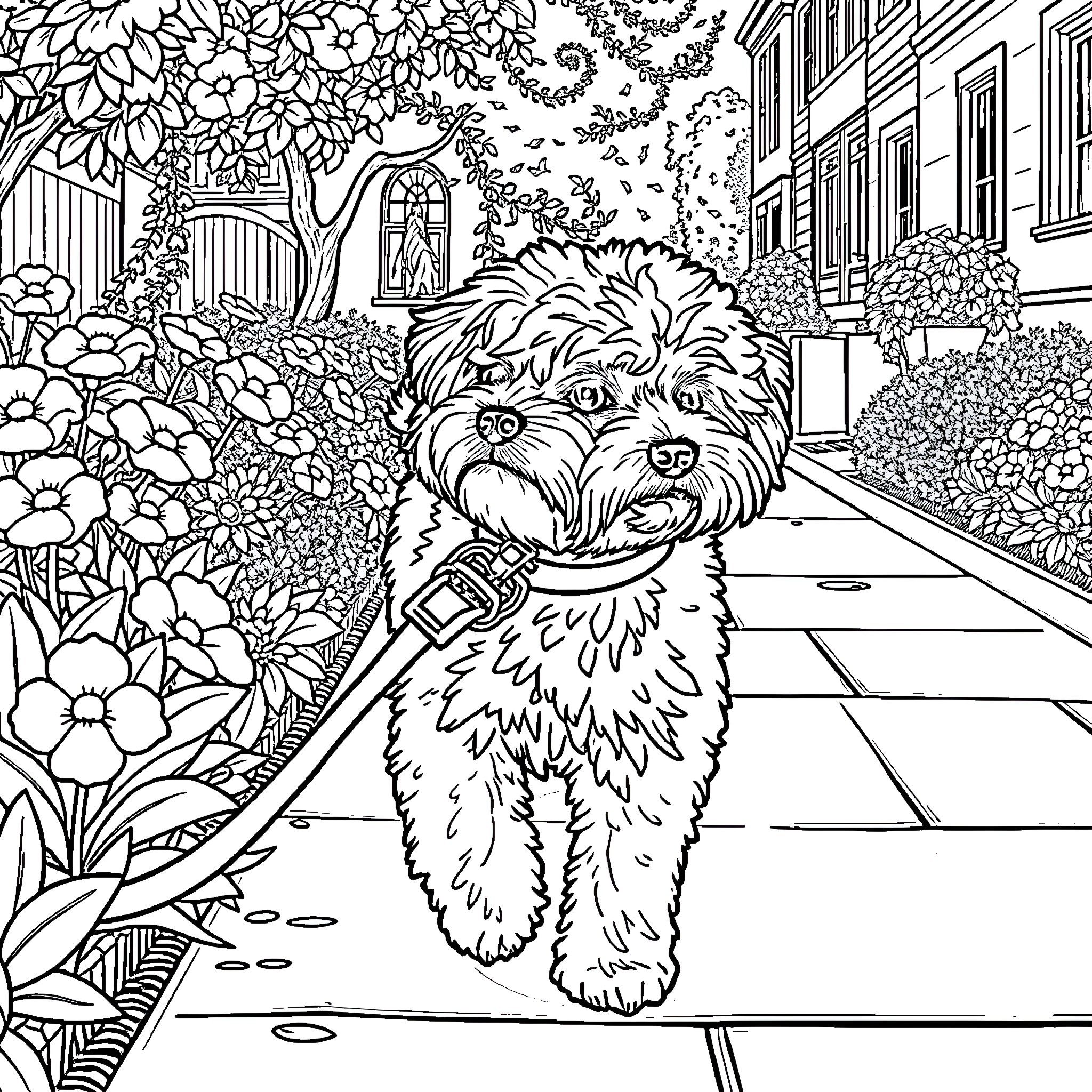 Bichon Havanese enjoying a stroll through a vibrant garden Coloring Page (free black-and-white line drawing printable PDF for all, from beginners to advanced learners, including children, teens, adults, and seniors)